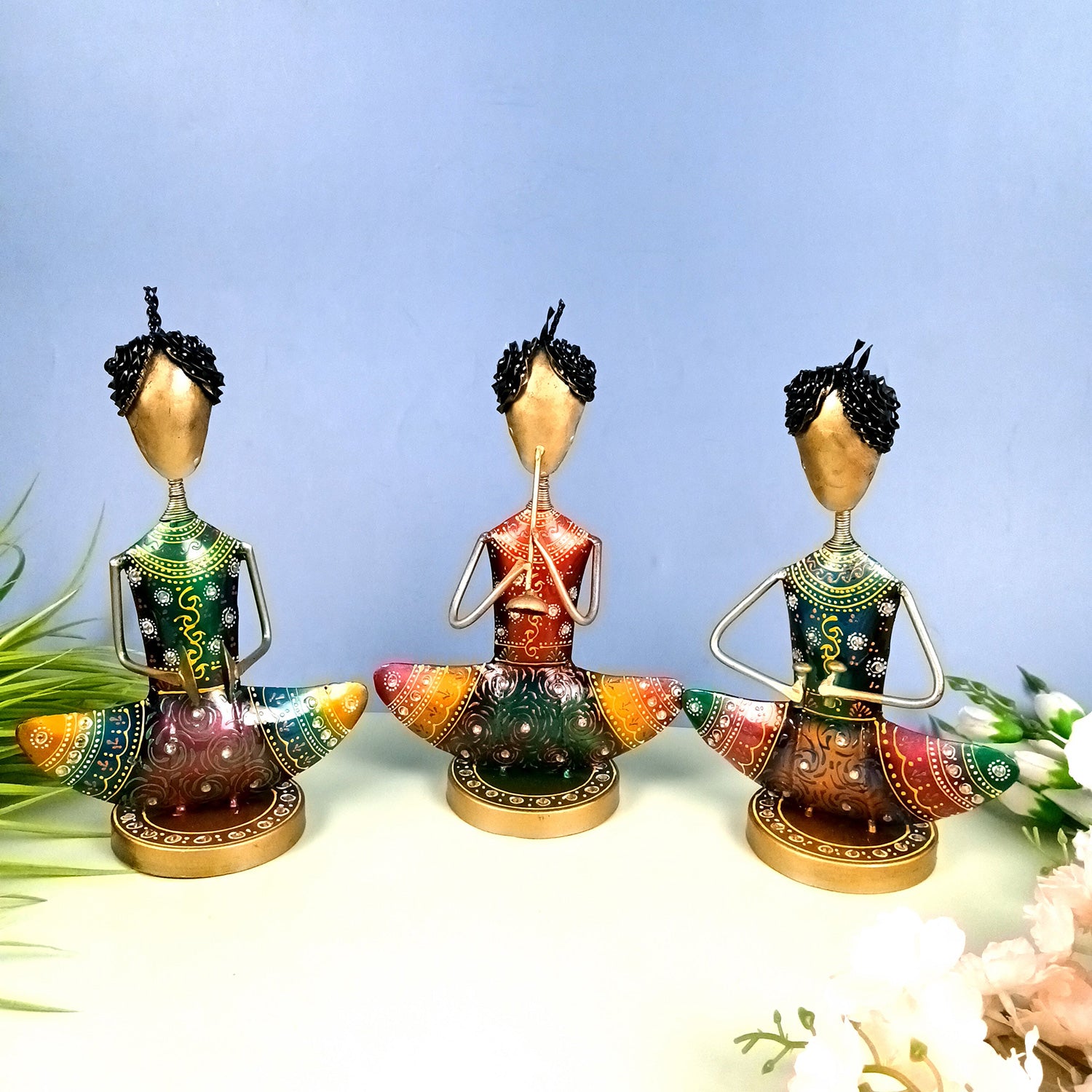 Showpiece Figurine - Rajasthani Musician Design | Decorative Show piece With Kundan Work - for Home, Bedroom, Living Room, Office Desk & Table Decor | Gifts For Wedding, Housewarming & Festivals -12 Inch (Set of 3) - Apkamart #Style_Design 1