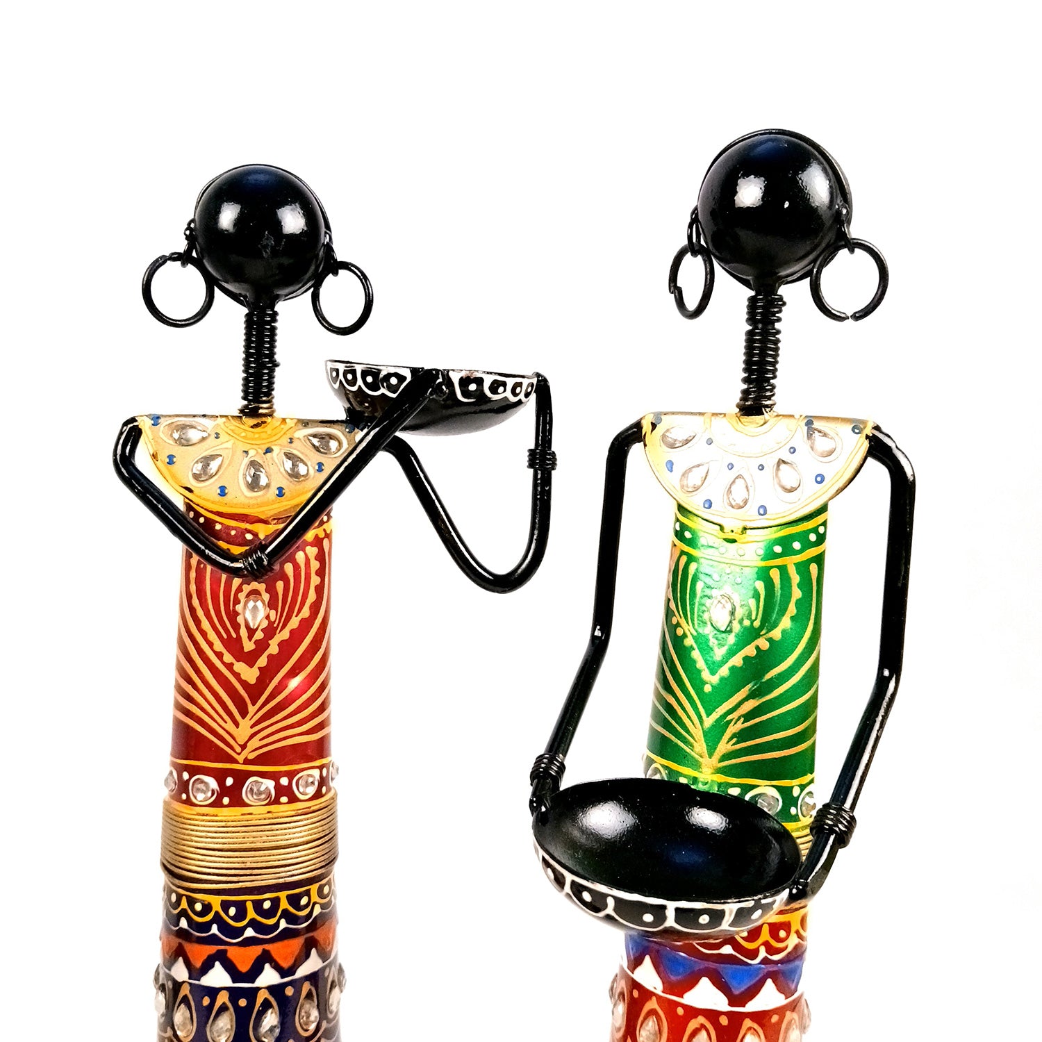 Tribal Worker Showpiece With Tea Light Candle Holders | Vibrant Handpainted Figurines - for Home, Bedroom, Living Room, Office, Table Decor & Gifts - 14 Inch  - Apkamart