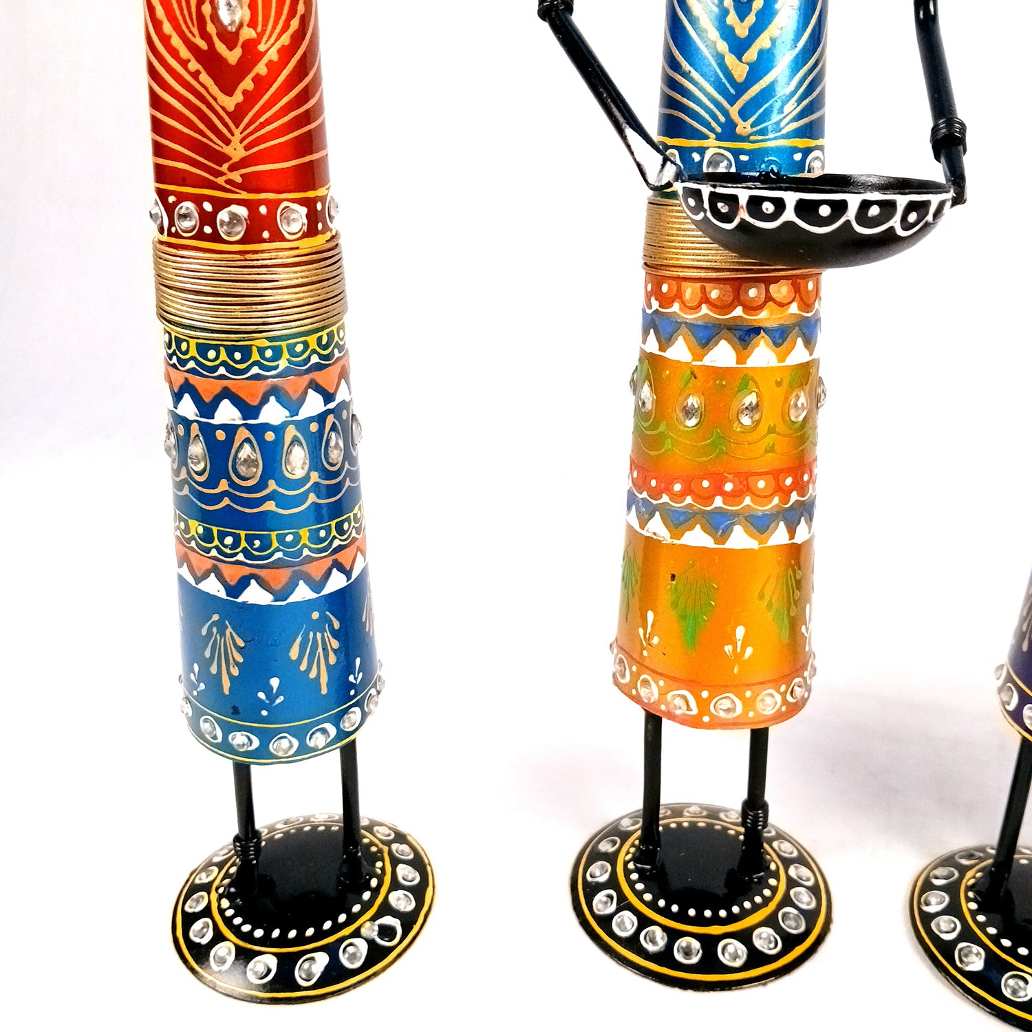 Tribal Worker Showpiece With Tea Light Candle Holders | Vibrant Handpainted Figurines - for Home, Bedroom, Living Room, Office, Table Decor & Gifts - 14 Inch  - Apkamart