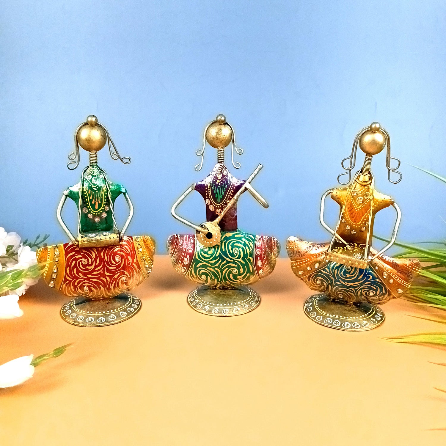 Musician Showpiece Set | Vibrant Handpainted Figurines with Exquisite Kundan Work - for Home, Bedroom, Living Room, Office, Table Decor & Gifts - Apkamart