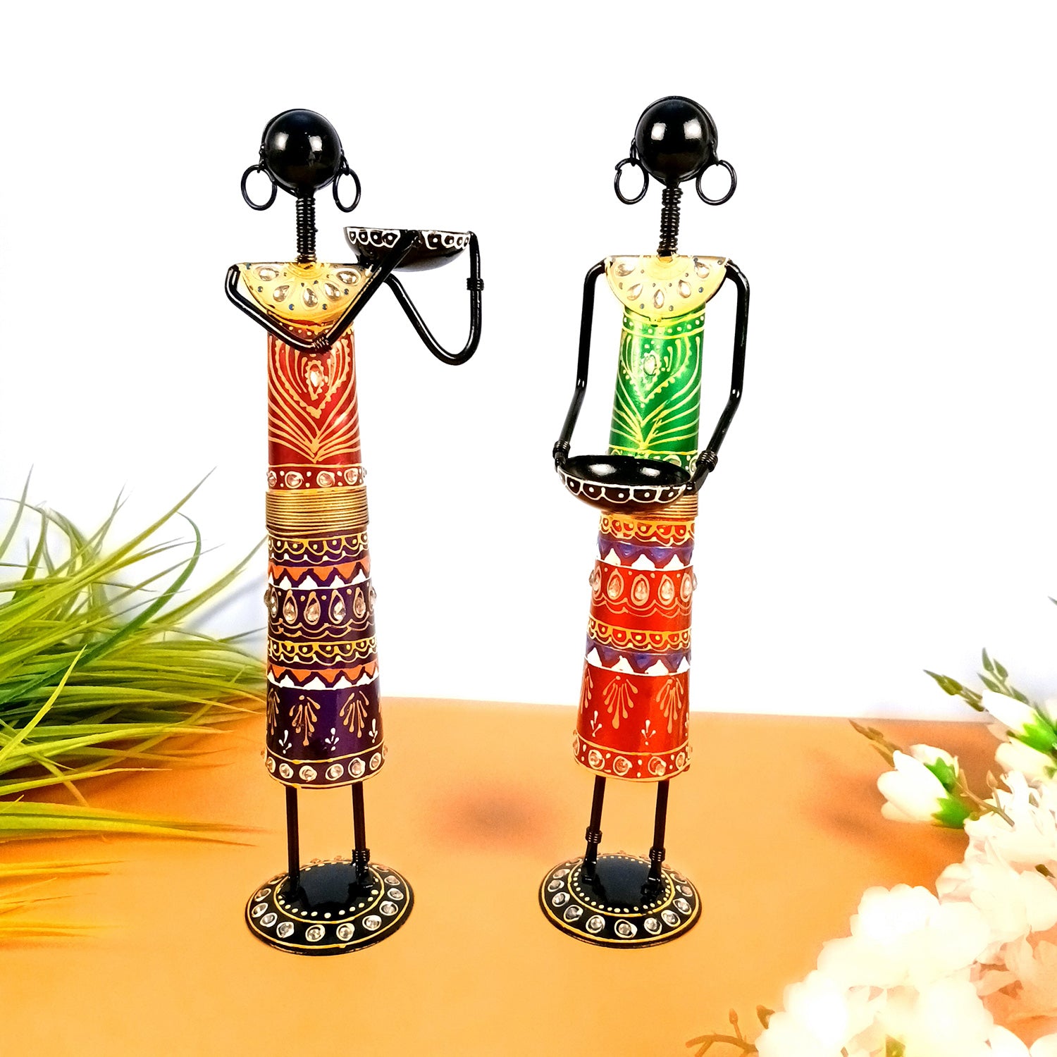 Tribal Worker Showpiece With Tea Light Holders | Vibrant Handpainted Figurines - for Home, Bedroom, Living Room, Office, Table Decor & Gifts - Apkamart #Style_Design 1