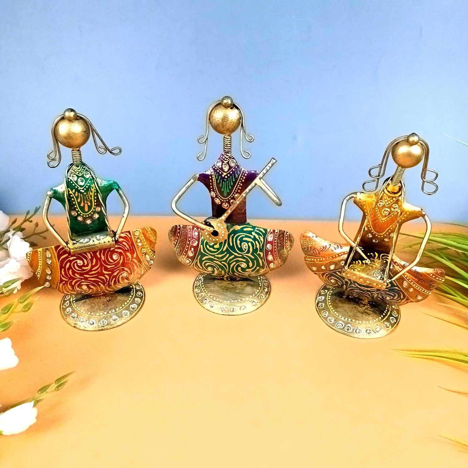 Musician Showpiece Set | Vibrant Handpainted Figurines with Exquisite Kundan Work - for Home, Bedroom, Living Room, Office, Table Decor & Gifts - Apkamart