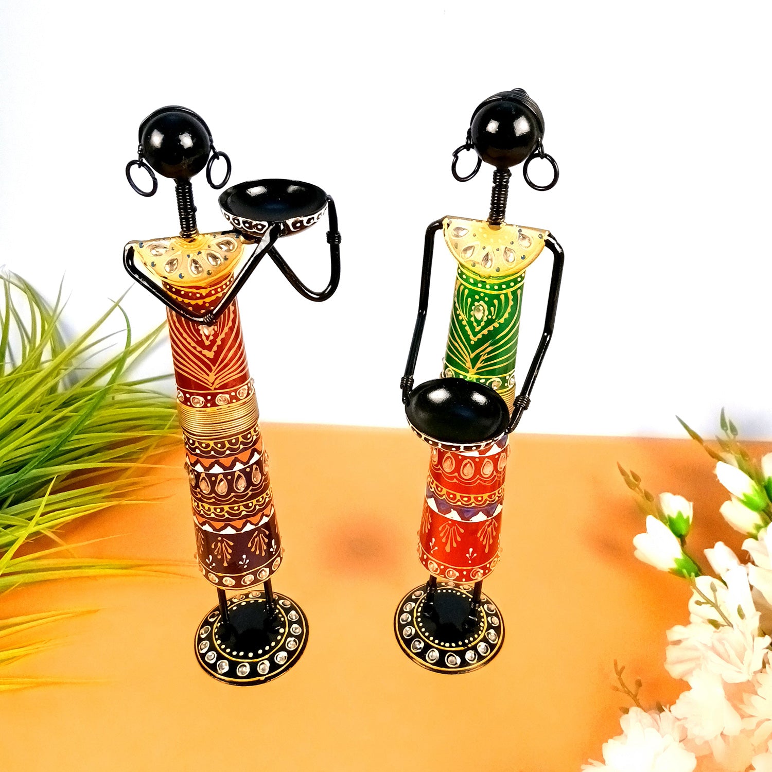 Tribal Worker Showpiece With Tea Light Holders | Vibrant Handpainted Figurines - for Home, Bedroom, Living Room, Office, Table Decor & Gifts - Apkamart #Style_Design 1