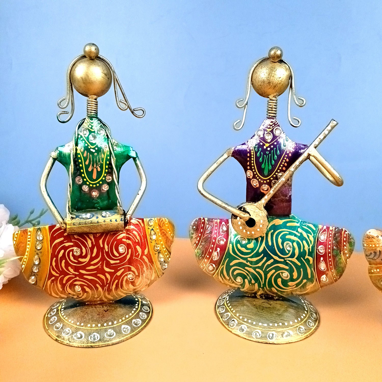 Musician Showpiece Set | Vibrant Handpainted Figurines with Exquisite Kundan Work - for Home, Bedroom, Living Room, Office, Table Decor & Gifts - Apkamart