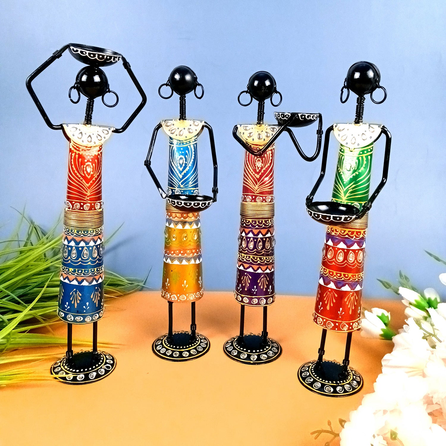 Tribal Worker Showpiece With Tea Light Candle Holders | Vibrant Handpainted Figurines - for Home, Bedroom, Living Room, Office, Table Decor & Gifts - 14 Inch  - Apkamart