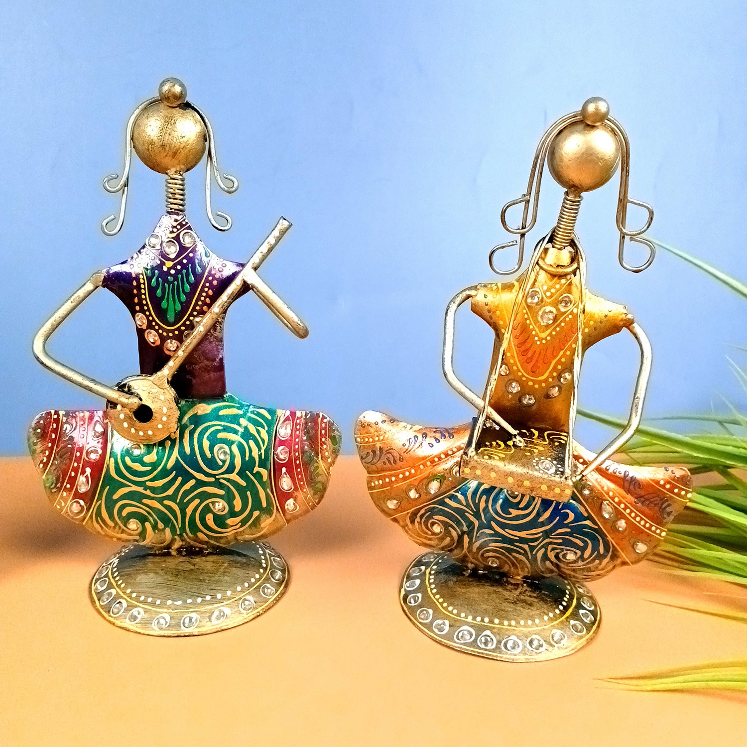 Musician Showpiece Set | Vibrant Handpainted Figurines with Exquisite Kundan Work - for Home, Bedroom, Living Room, Office, Table Decor & Gifts - Apkamart