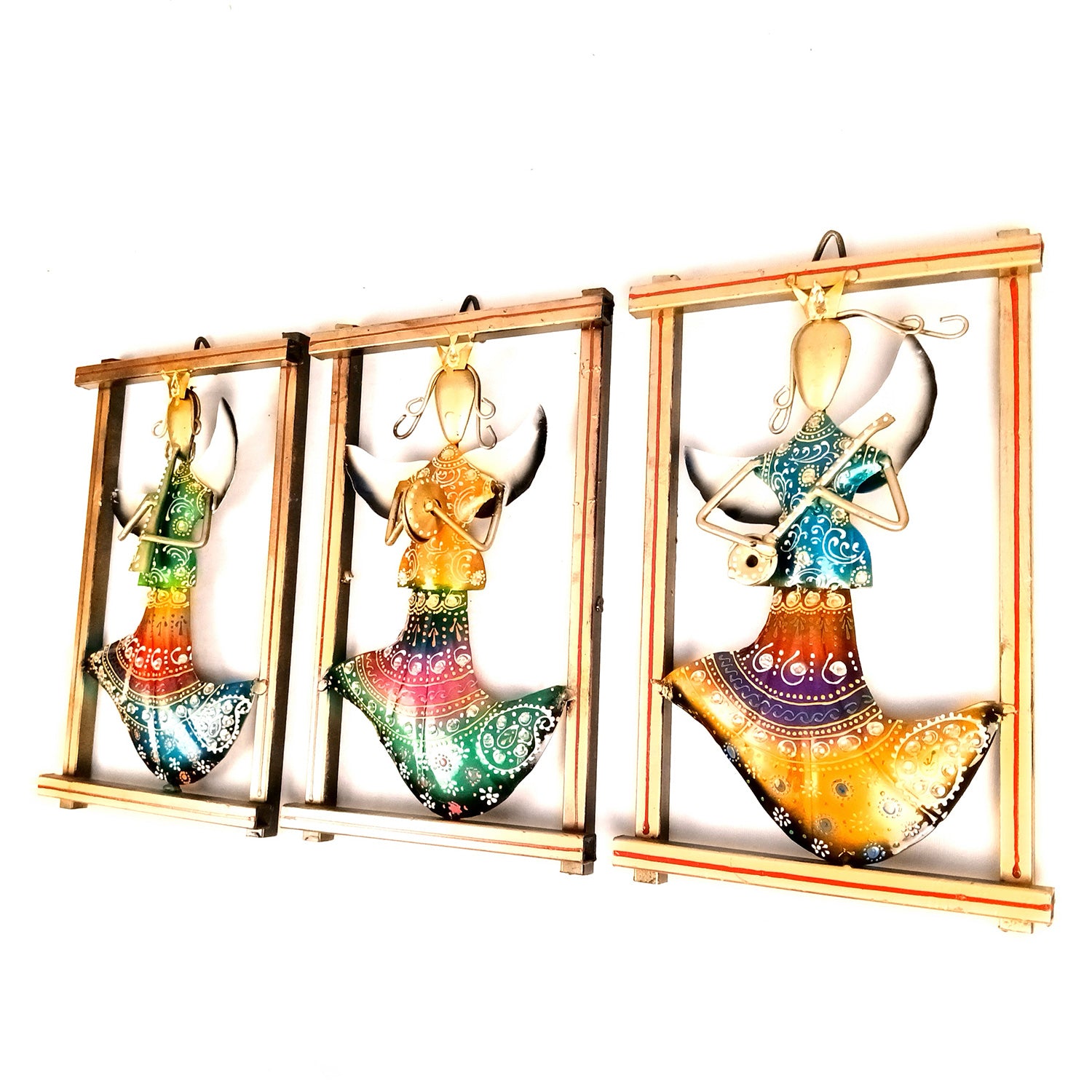 Angels Wall Hanging - Playing Musical Instruments Design | Metal Wall Art With Vibrant Hand Painting - For Home, Big Walls, Living Room & Gifts - 21 Inch (Pack of 3) - Apkamart