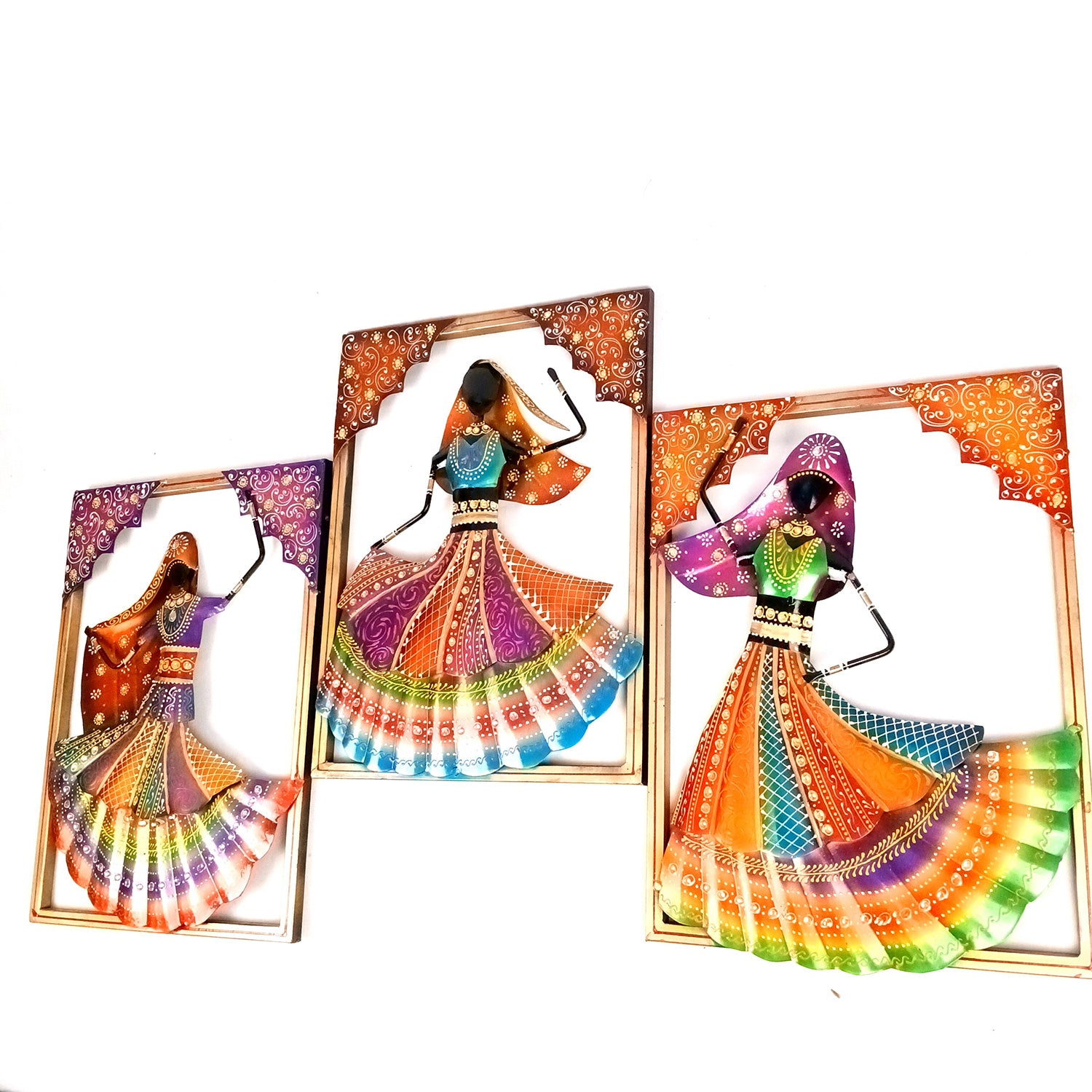 Dancing Ladies Wall Hanging - Jharokha Design | Metal Wall Art With Vibrant Hand Painting - For Home, Big Walls, Living Room, Large Spaces & Gifts - 33 Inch (Pack of 3) - Apkamart