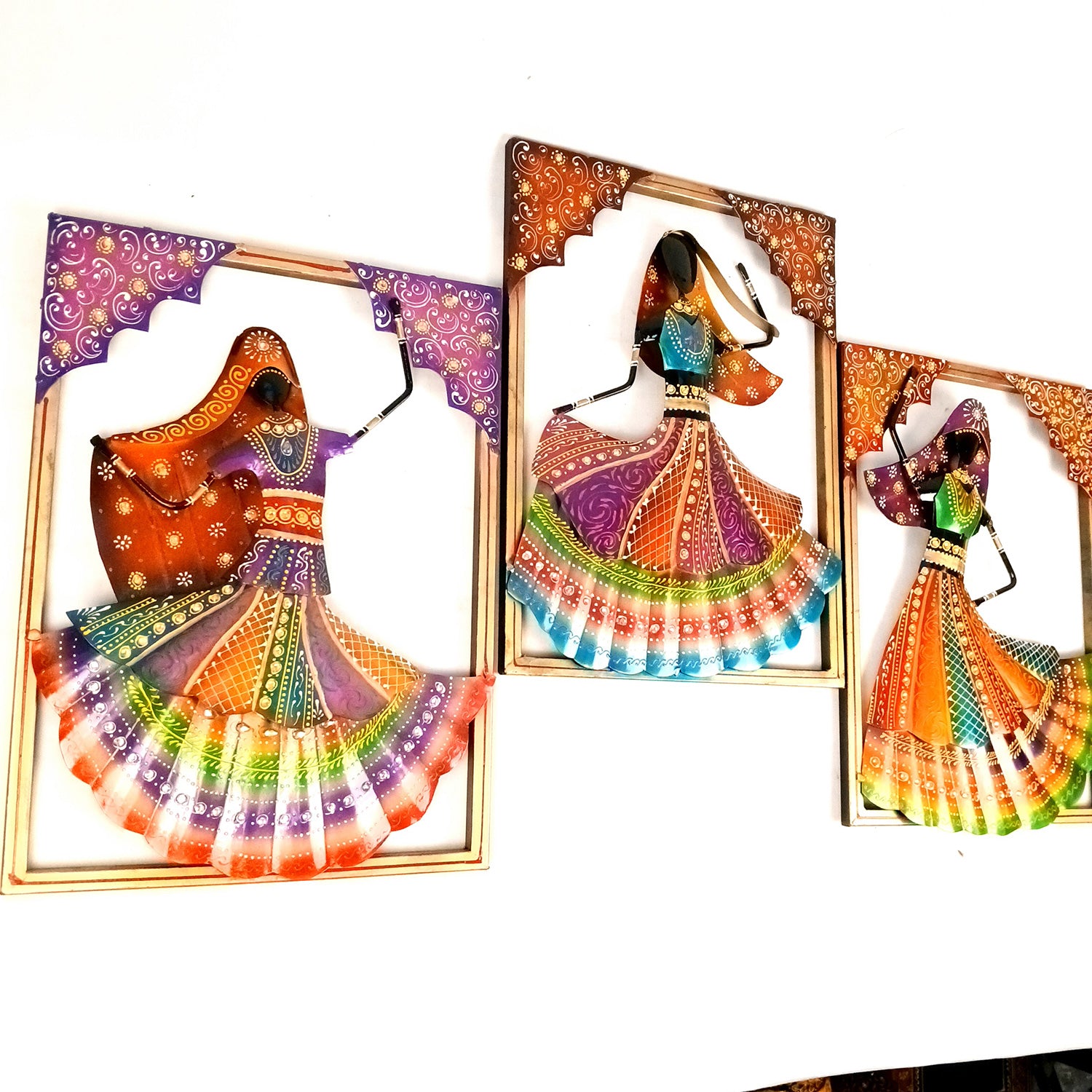 Dancing Ladies Wall Hanging - Jharokha Design | Metal Wall Art With Vibrant Hand Painting - For Home, Big Walls, Living Room, Large Spaces & Gifts - 33 Inch (Pack of 3) - Apkamart