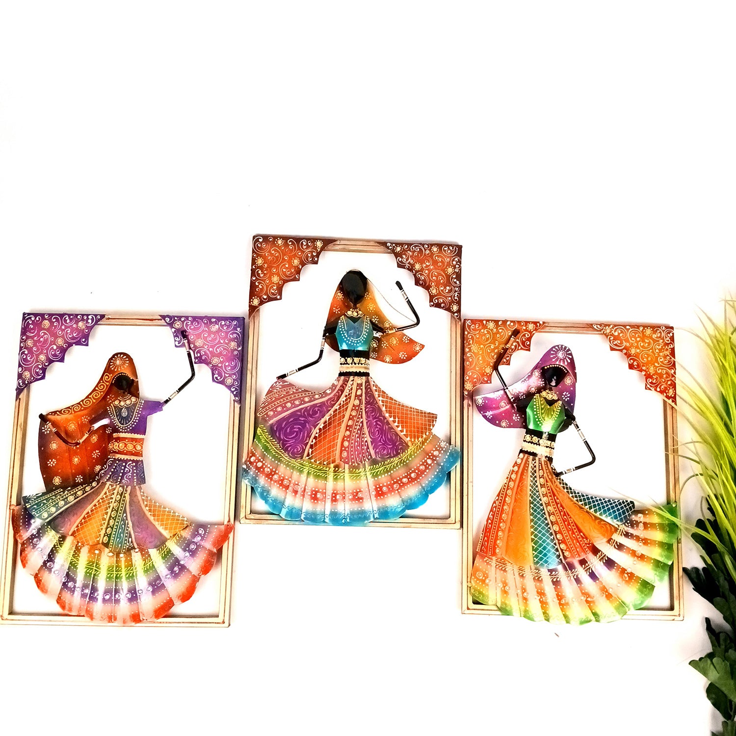 Dancing Ladies Wall Hanging - Jharokha Design | Metal Wall Art With Vibrant Hand Painting - For Home, Big Walls, Living Room, Large Spaces & Gifts - 33 Inch (Pack of 3) - Apkamart