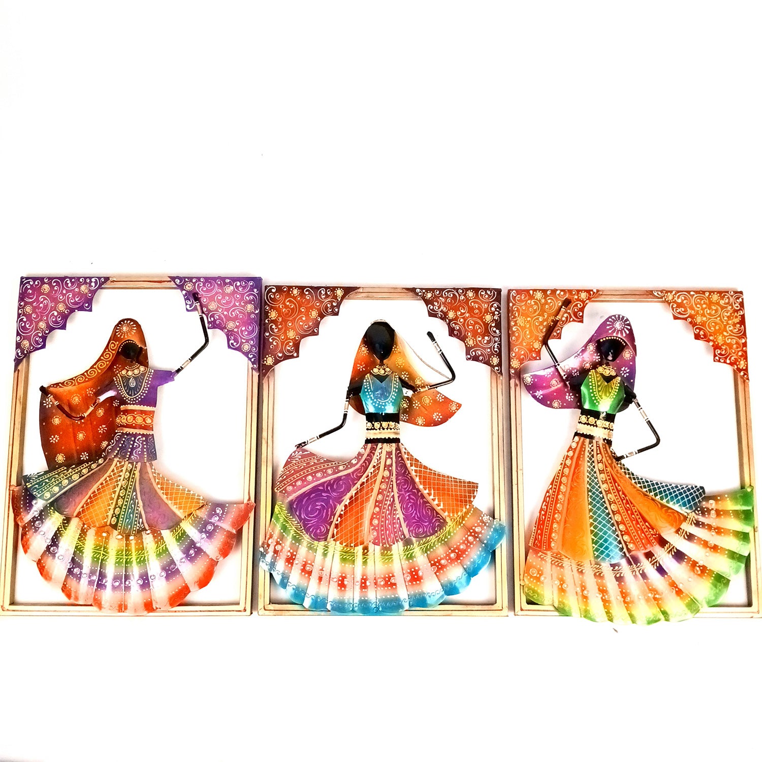 Dancing Ladies Wall Hanging - Jharokha Design | Metal Wall Art With Vibrant Hand Painting - For Home, Big Walls, Living Room, Large Spaces & Gifts - 33 Inch (Pack of 3) - Apkamart