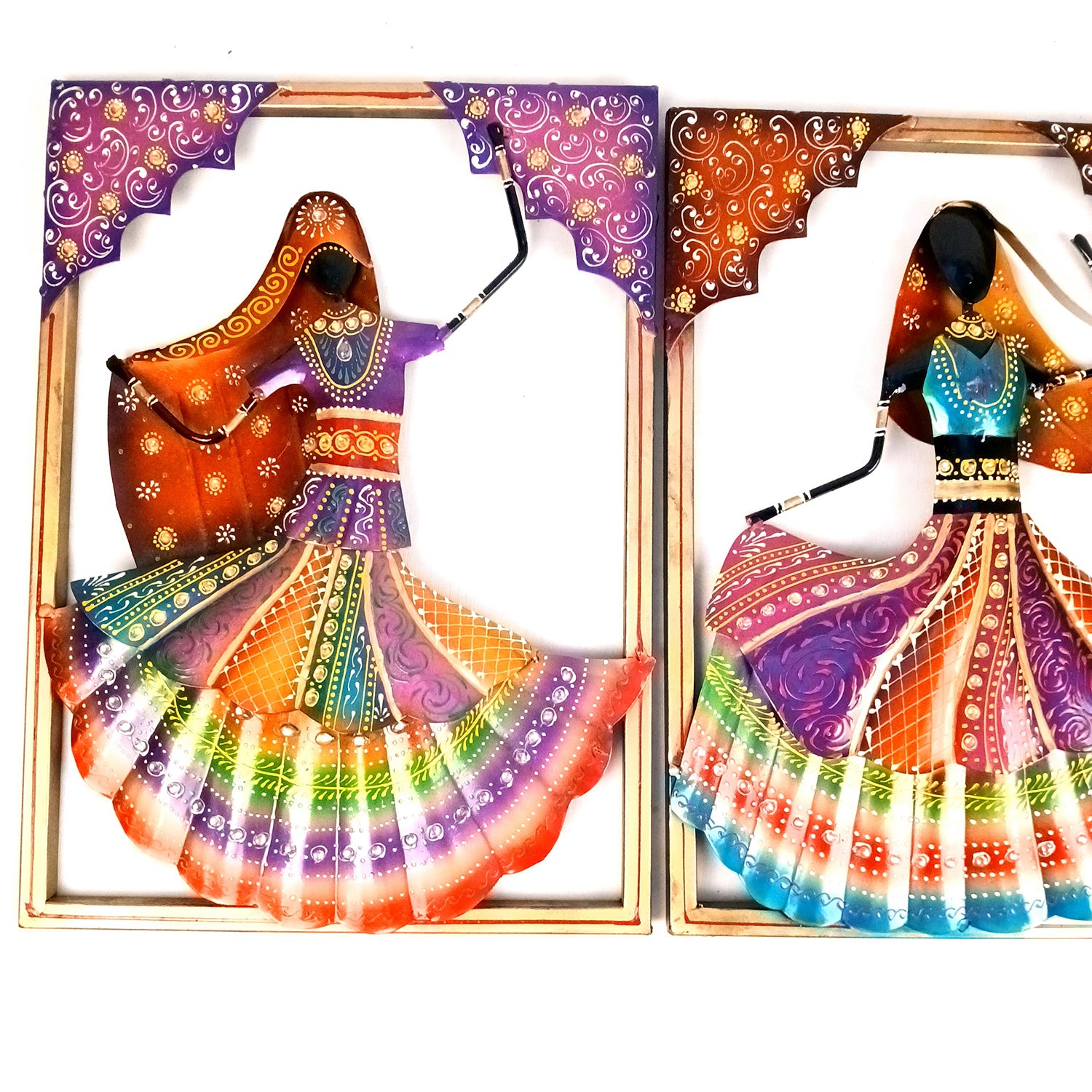 Dancing Ladies Wall Hanging - Jharokha Design | Metal Wall Art With Vibrant Hand Painting - For Home, Big Walls, Living Room, Large Spaces & Gifts - 33 Inch (Pack of 3) - Apkamart