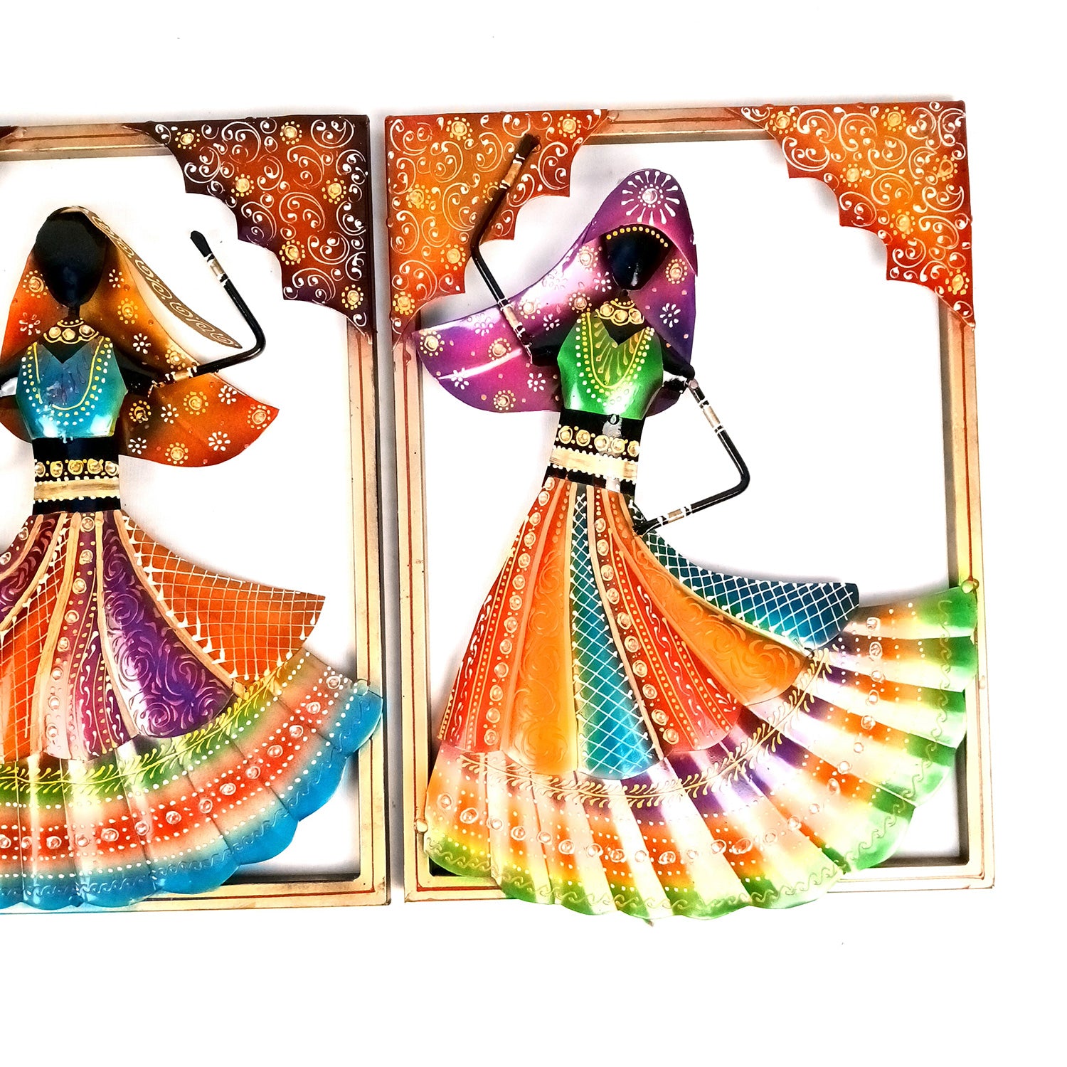 Dancing Ladies Wall Hanging - Jharokha Design | Metal Wall Art With Vibrant Hand Painting - For Home, Big Walls, Living Room, Large Spaces & Gifts - 33 Inch (Pack of 3) - Apkamart