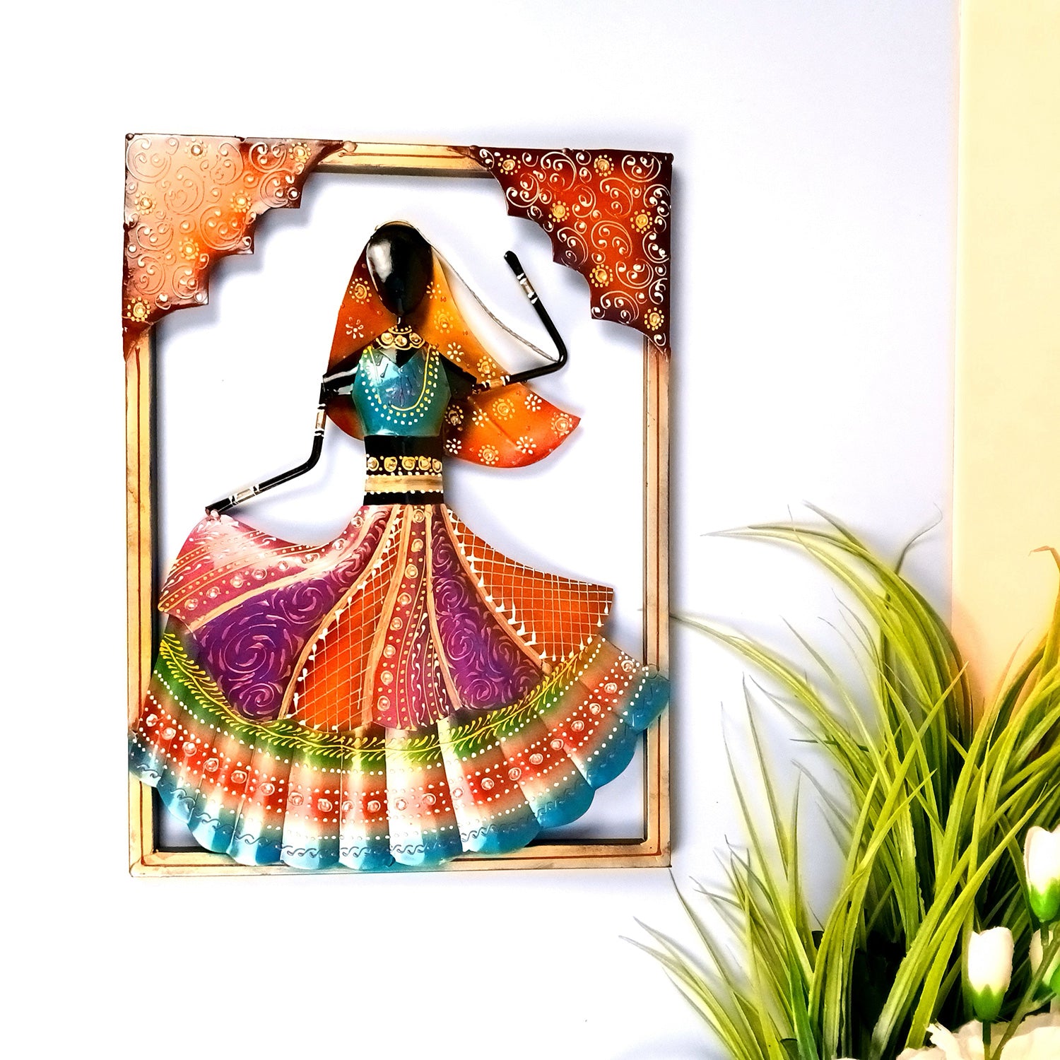 Dancing Ladies Wall Hanging - Jharokha Design | Metal Wall Art With Vibrant Hand Painting - For Home, Big Walls, Living Room, Large Spaces & Gifts - 33 Inch (Pack of 3) - Apkamart