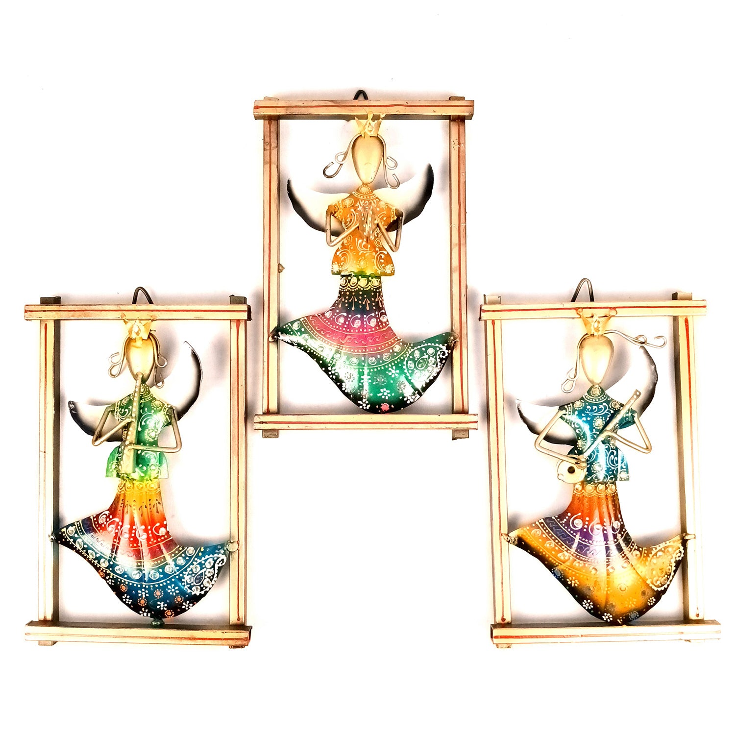 Angels Wall Hanging - Playing Musical Instruments Design | Metal Wall Art With Vibrant Hand Painting - For Home, Big Walls, Living Room & Gifts - 21 Inch (Pack of 3) - Apkamart