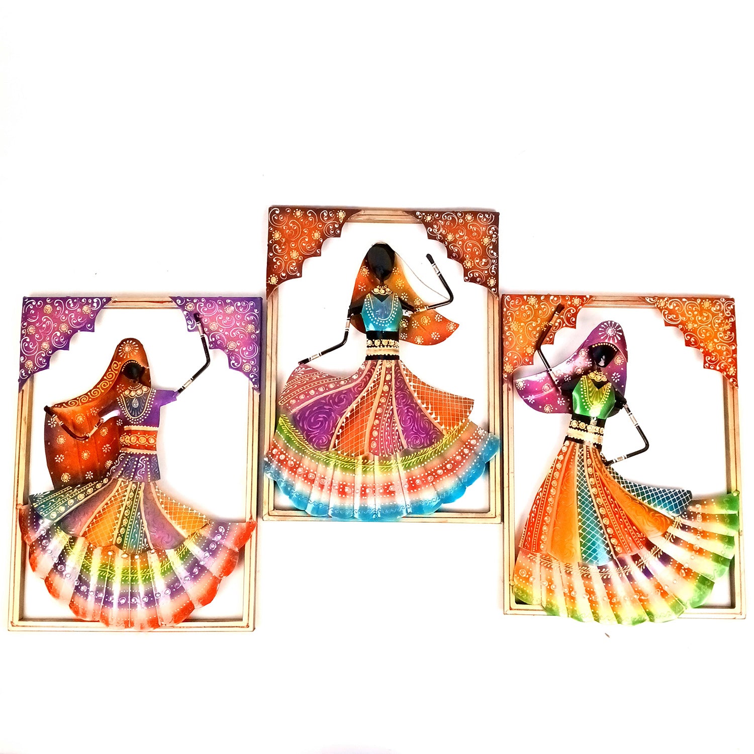 Dancing Ladies Wall Hanging - Jharokha Design | Metal Wall Art With Vibrant Hand Painting - For Home, Big Walls, Living Room, Large Spaces & Gifts - 33 Inch (Pack of 3) - Apkamart