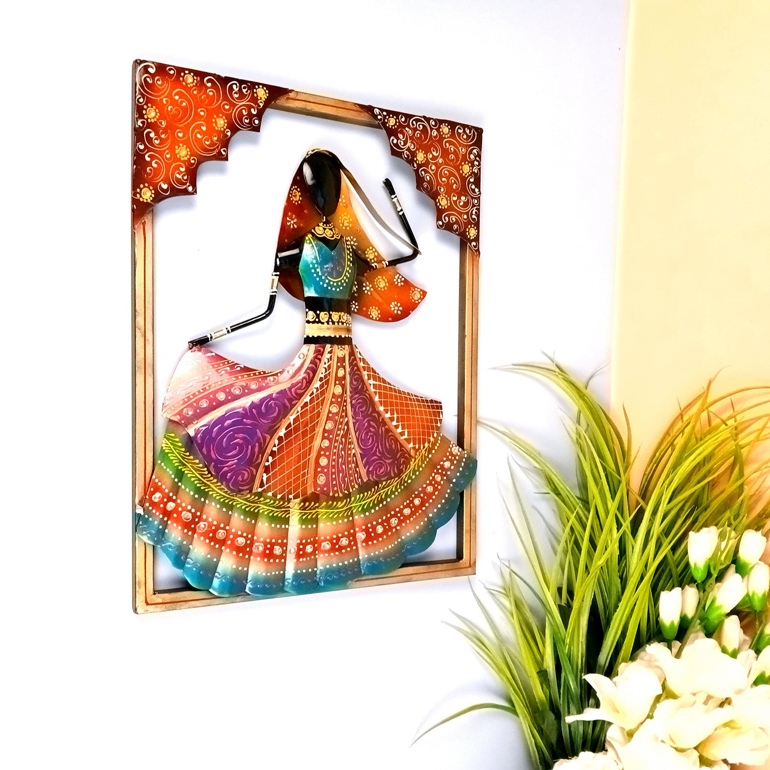 Dancing Ladies Wall Hanging - Jharokha Design | Metal Wall Art With Vibrant Hand Painting - For Home, Big Walls, Living Room, Large Spaces & Gifts - 33 Inch (Pack of 3) - Apkamart