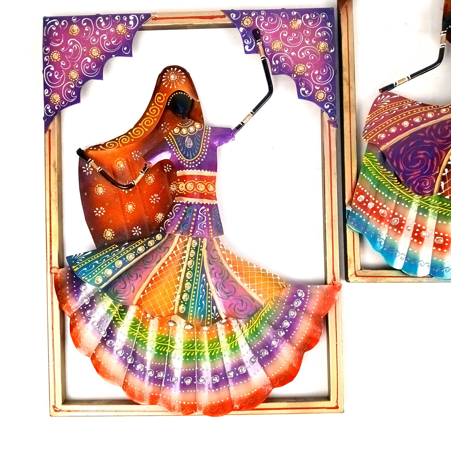 Dancing Ladies Wall Hanging - Jharokha Design | Metal Wall Art With Vibrant Hand Painting - For Home, Big Walls, Living Room, Large Spaces & Gifts - 33 Inch (Pack of 3) - Apkamart