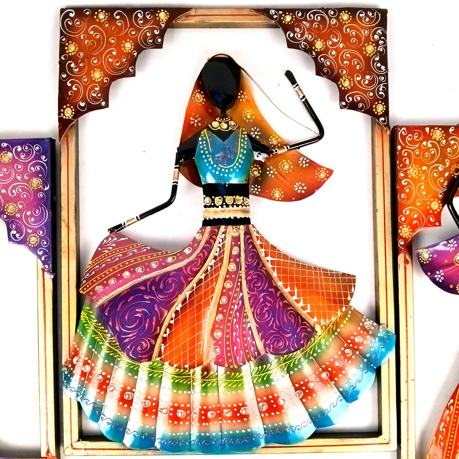 Dancing Ladies Wall Hanging - Jharokha Design | Metal Wall Art With Vibrant Hand Painting - For Home, Big Walls, Living Room, Large Spaces & Gifts - 33 Inch (Pack of 3) - Apkamart