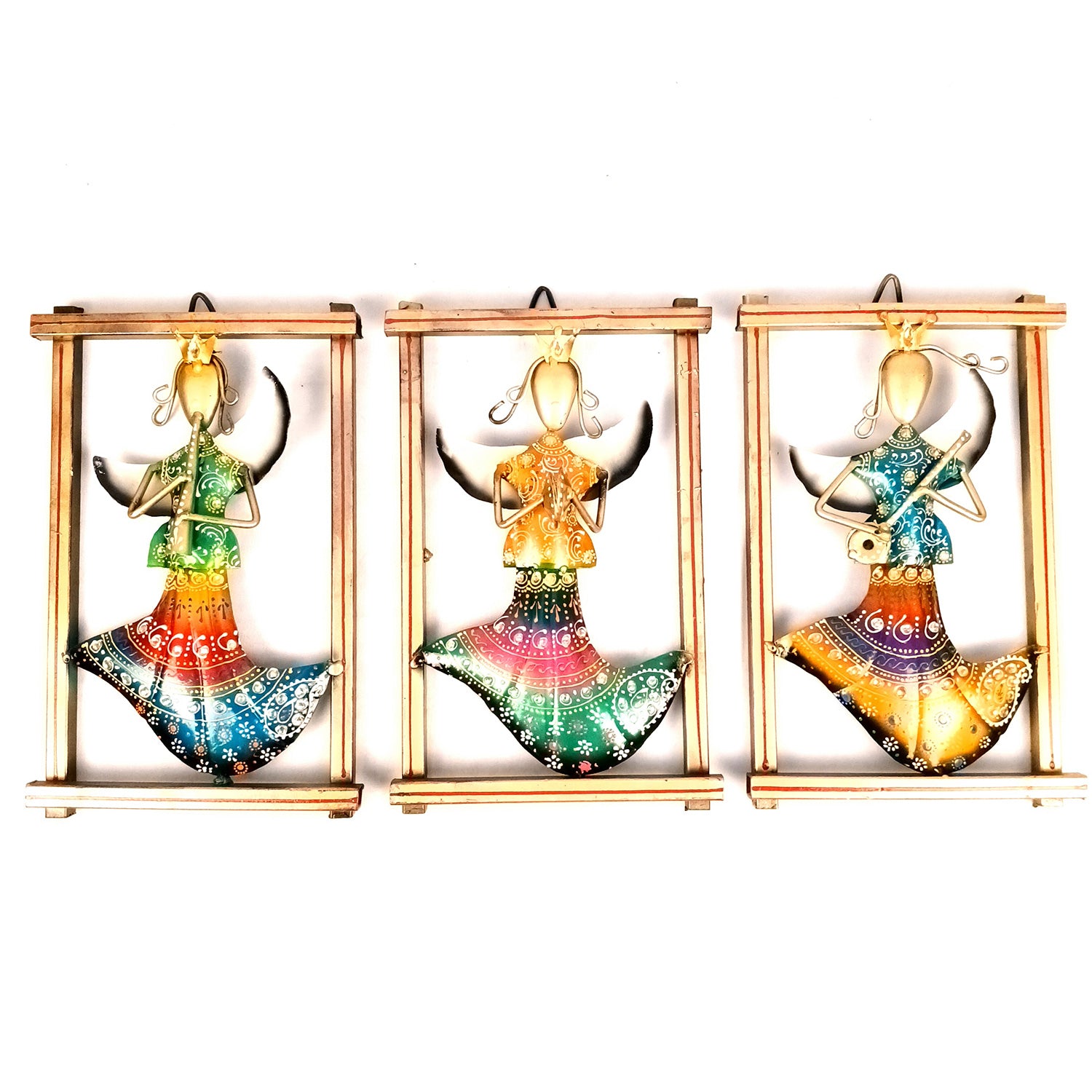 Angels Wall Hanging - Playing Musical Instruments Design | Metal Wall Art With Vibrant Hand Painting - For Home, Big Walls, Living Room & Gifts - 21 Inch (Pack of 3) - Apkamart