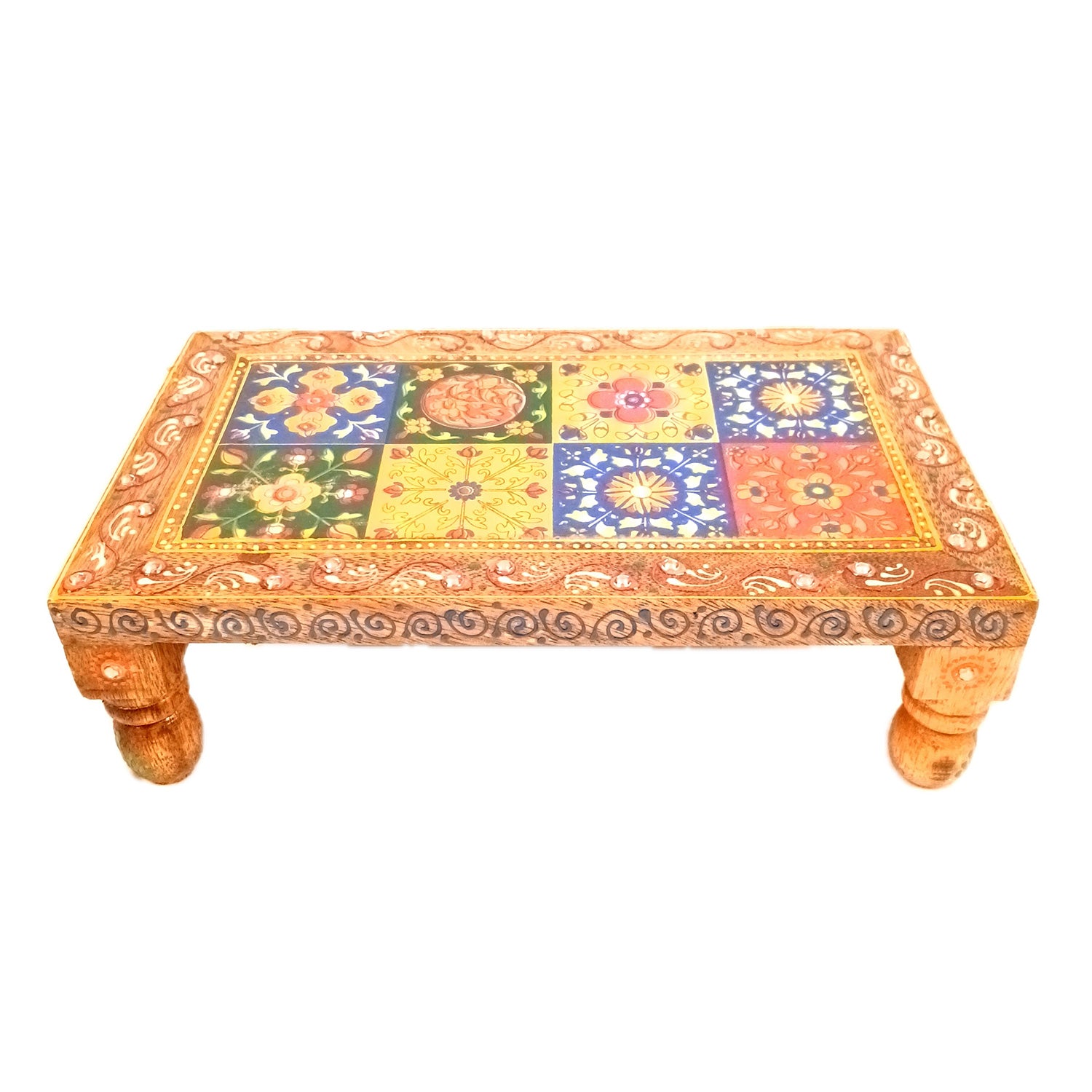 Wooden Puja Chowki Bajot with Ceramic Tile Top | Patla for Sitting - for Pooja, Weddings, Home Decor, Corner Decor & Festivals - 10 Inch - Apkamart #Size_10 Inch