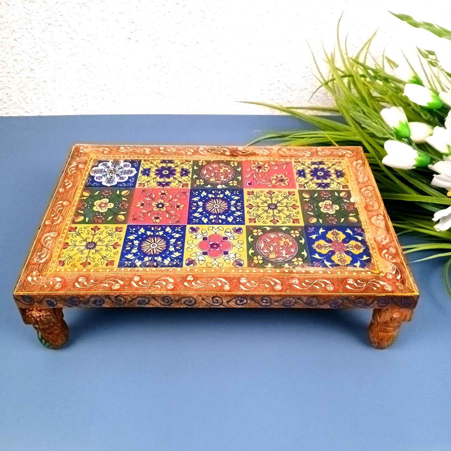 Wooden Puja Chowki Bajot with Ceramic Tile Top | Patla for Sitting - for Pooja, Weddings, Home Decor, Corner Decor & Festivals - 10 Inch - Apkamart #Size_12 Inch