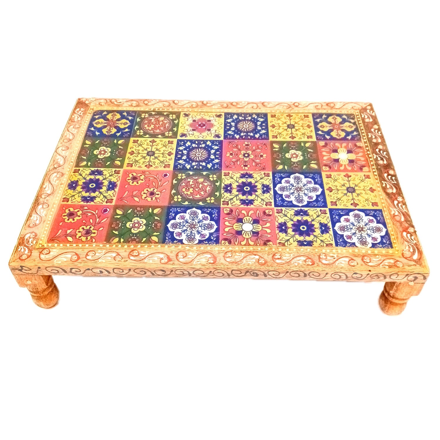 Wooden Puja Chowki Bajot with Ceramic Tile Top | Patla for Sitting - for Pooja, Weddings, Home Decor, Corner Decor & Festivals - 10 Inch - Apkamart #Size_14 Inch