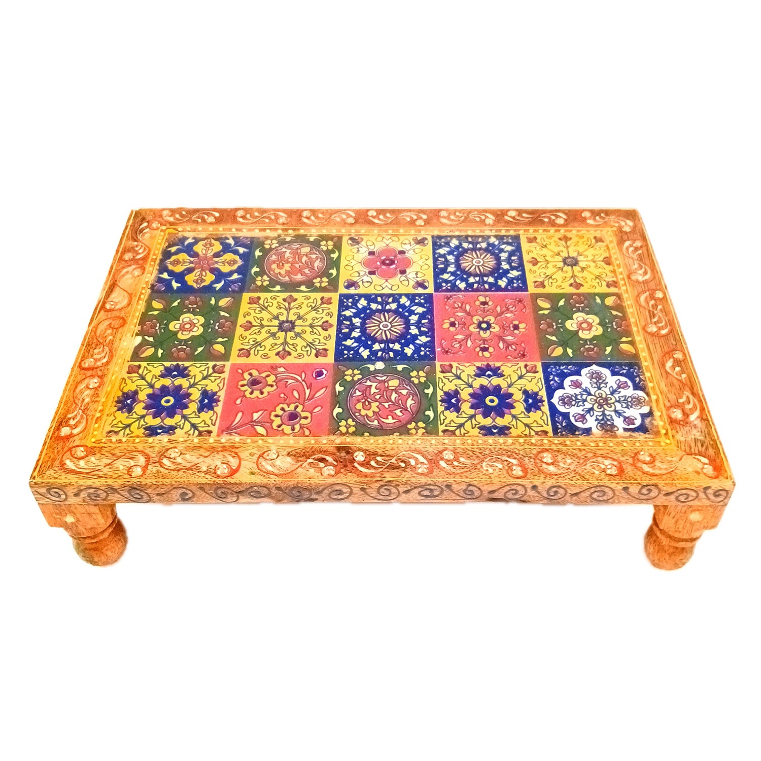 Wooden Puja Chowki Bajot with Ceramic Tile Top | Patla for Sitting - for Pooja, Weddings, Home Decor, Corner Decor & Festivals - 10 Inch - Apkamart #Size_12 Inch