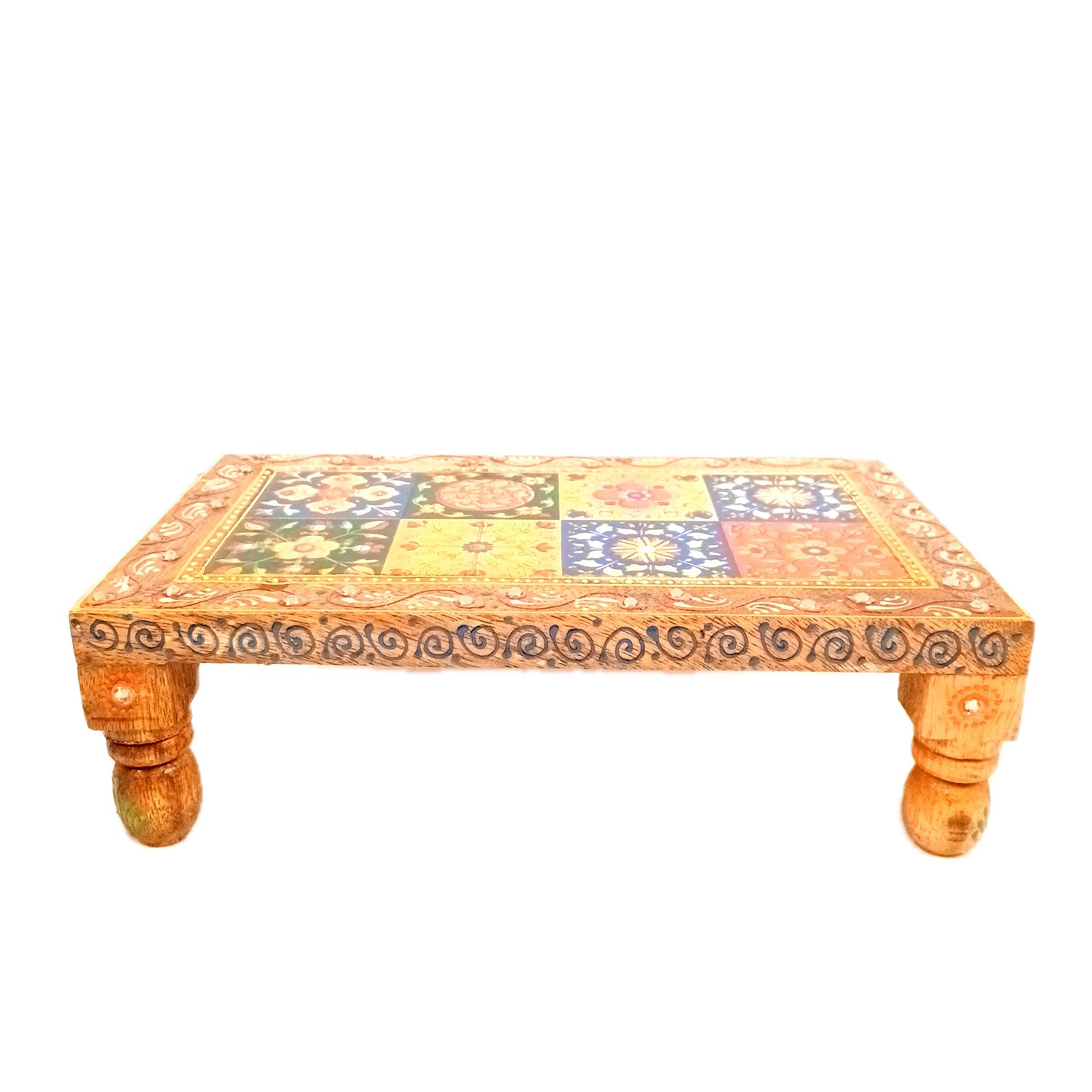 Wooden Puja Chowki Bajot with Ceramic Tile Top | Patla for Sitting - for Pooja, Weddings, Home Decor, Corner Decor & Festivals - 10 Inch - Apkamart #Size_10 Inch