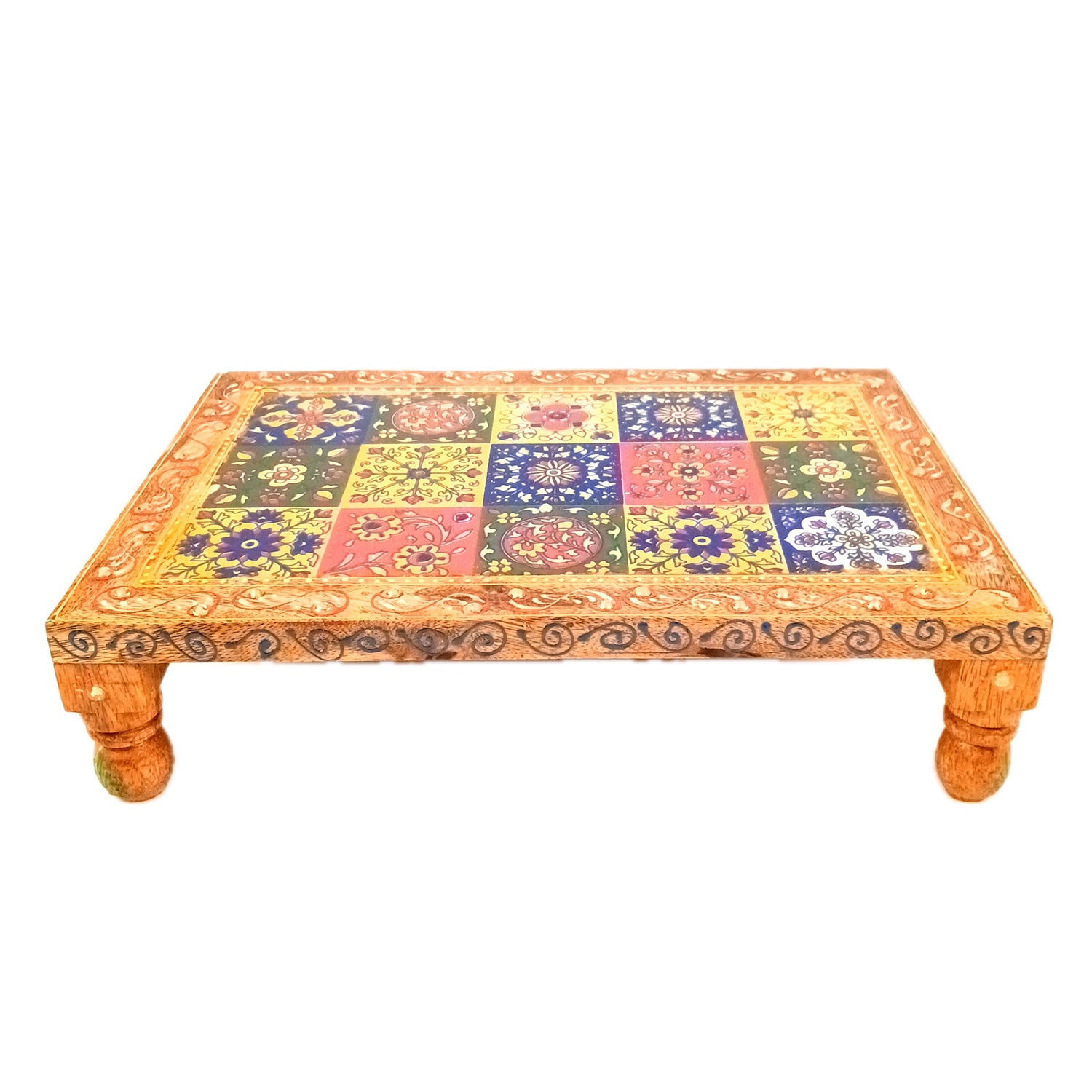 Wooden Puja Chowki Bajot with Ceramic Tile Top | Patla for Sitting - for Pooja, Weddings, Home Decor, Corner Decor & Festivals - 10 Inch - Apkamart #Size_12 Inch