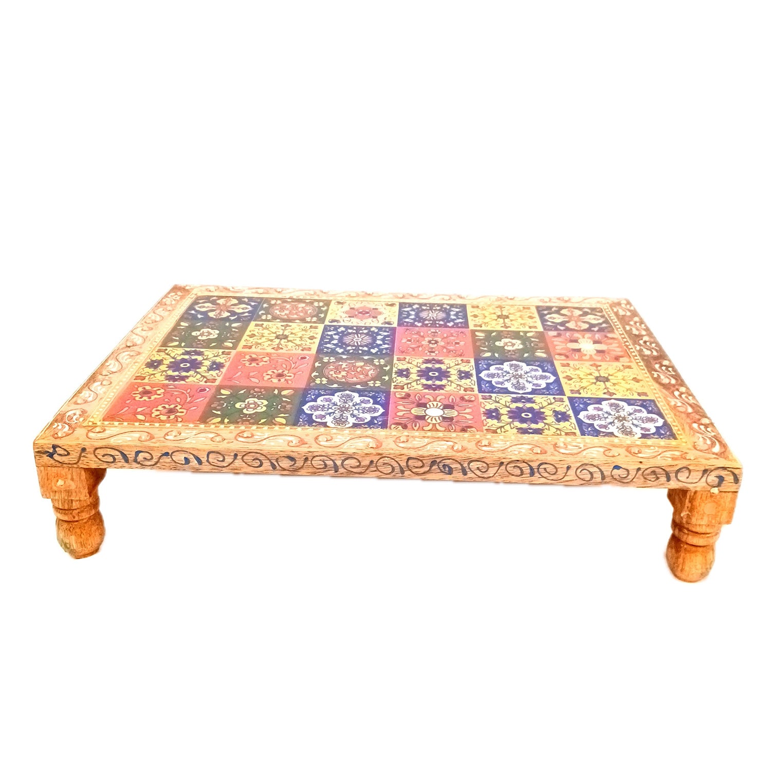 Wooden Puja Chowki Bajot with Ceramic Tile Top | Patla for Sitting - for Pooja, Weddings, Home Decor, Corner Decor & Festivals - 10 Inch - Apkamart #Size_14 Inch