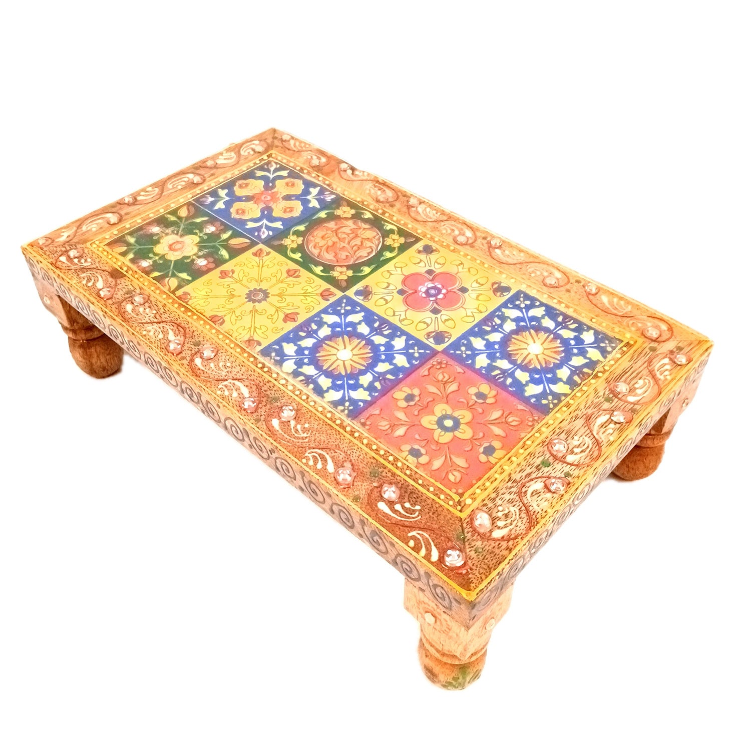 Wooden Puja Chowki Bajot with Ceramic Tile Top | Patla for Sitting - for Pooja, Weddings, Home Decor, Corner Decor & Festivals - 10 Inch - Apkamart #Size_10 Inch