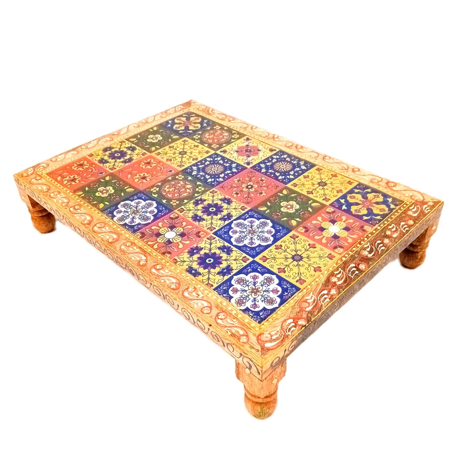 Wooden Puja Chowki Bajot with Ceramic Tile Top | Patla for Sitting - for Pooja, Weddings, Home Decor, Corner Decor & Festivals - 10 Inch - Apkamart #Size_14 Inch