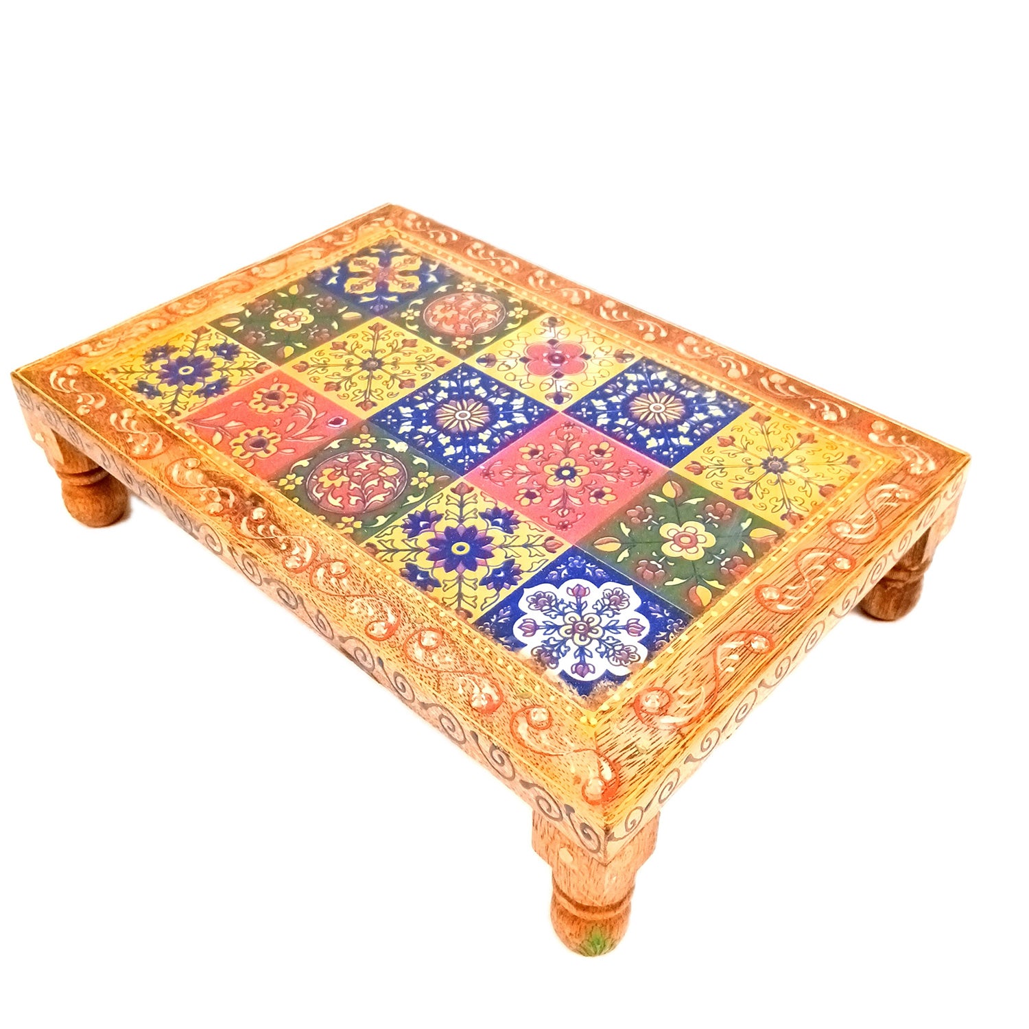 Wooden Puja Chowki Bajot with Ceramic Tile Top | Patla for Sitting - for Pooja, Weddings, Home Decor, Corner Decor & Festivals - 10 Inch - Apkamart #Size_12 Inch