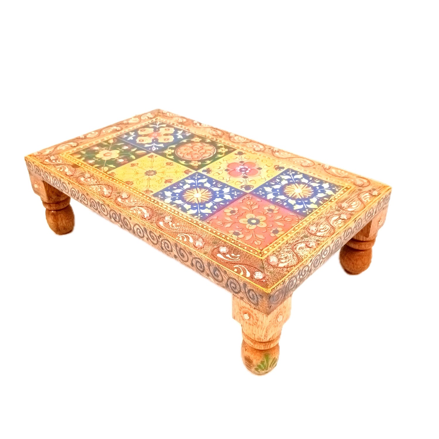 Wooden Puja Chowki Bajot with Ceramic Tile Top | Patla for Sitting - for Pooja, Weddings, Home Decor, Corner Decor & Festivals - 10 Inch - Apkamart #Size_10 Inch