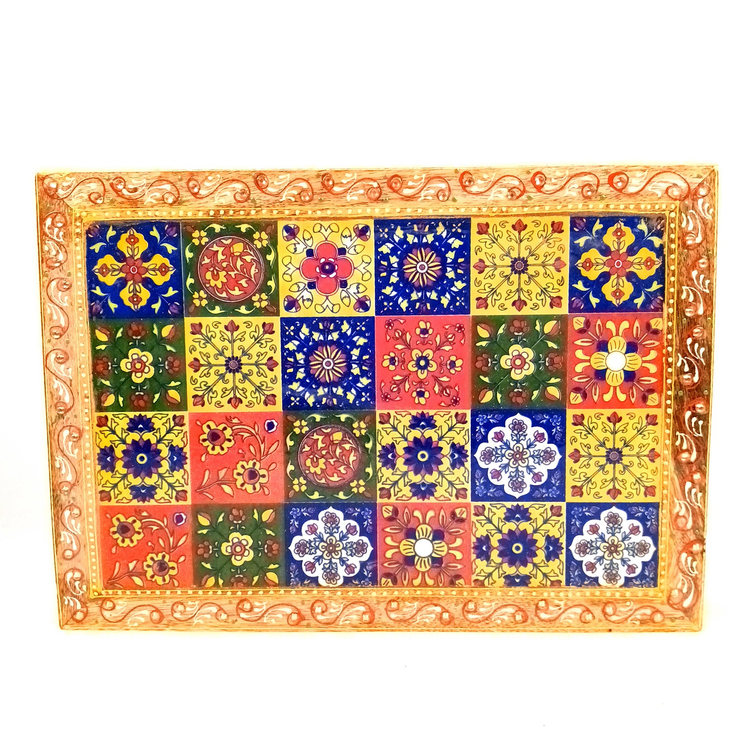 Wooden Puja Chowki Bajot with Ceramic Tile Top | Patla for Sitting - for Pooja, Weddings, Home Decor, Corner Decor & Festivals - 10 Inch - Apkamart #Size_14 Inch