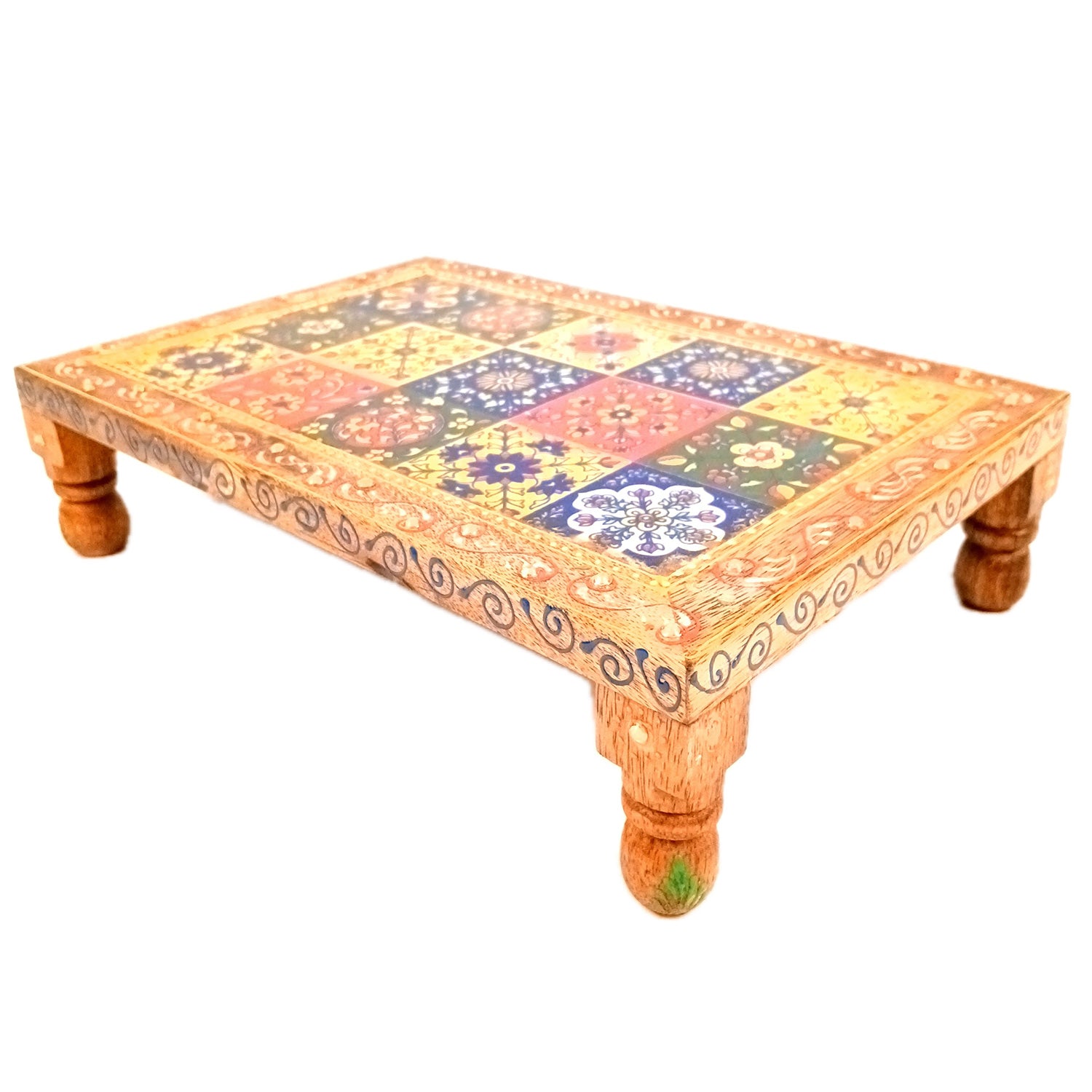 Wooden Puja Chowki Bajot with Ceramic Tile Top | Patla for Sitting - for Pooja, Weddings, Home Decor, Corner Decor & Festivals - 10 Inch - Apkamart #Size_12 Inch