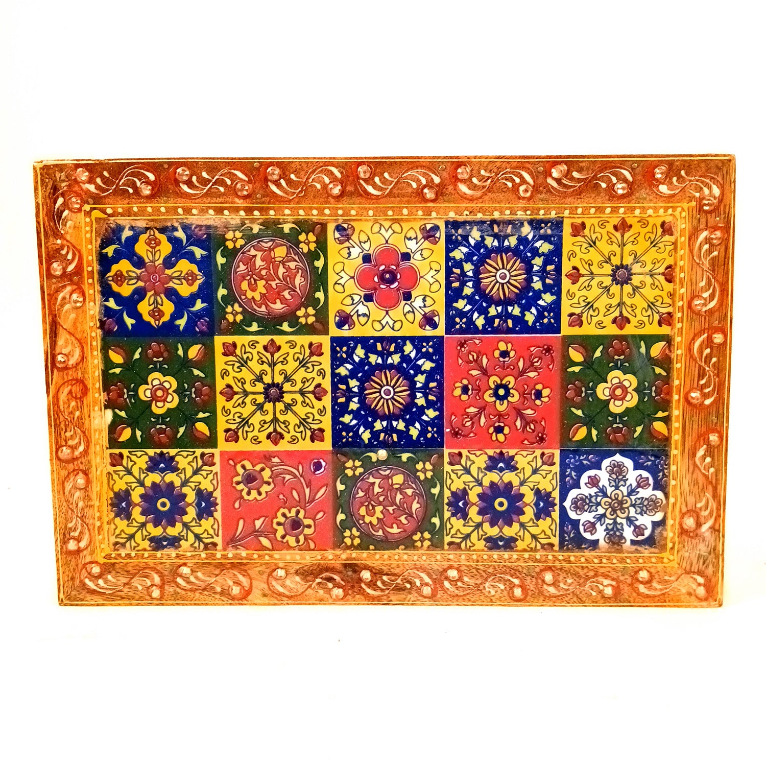 Wooden Puja Chowki Bajot with Ceramic Tile Top | Patla for Sitting - for Pooja, Weddings, Home Decor, Corner Decor & Festivals - 10 Inch - Apkamart #Size_12 Inch