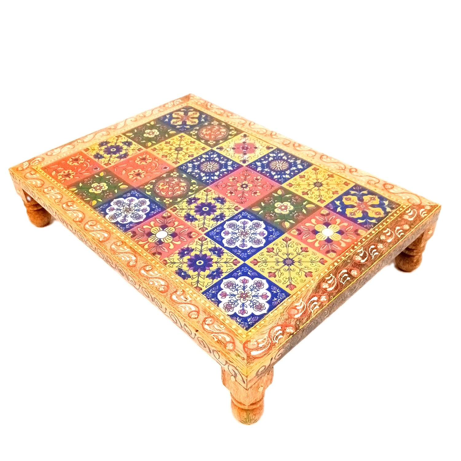 Wooden Puja Chowki Bajot with Ceramic Tile Top | Patla for Sitting - for Pooja, Weddings, Home Decor, Corner Decor & Festivals - 10 Inch - Apkamart #Size_14 Inch