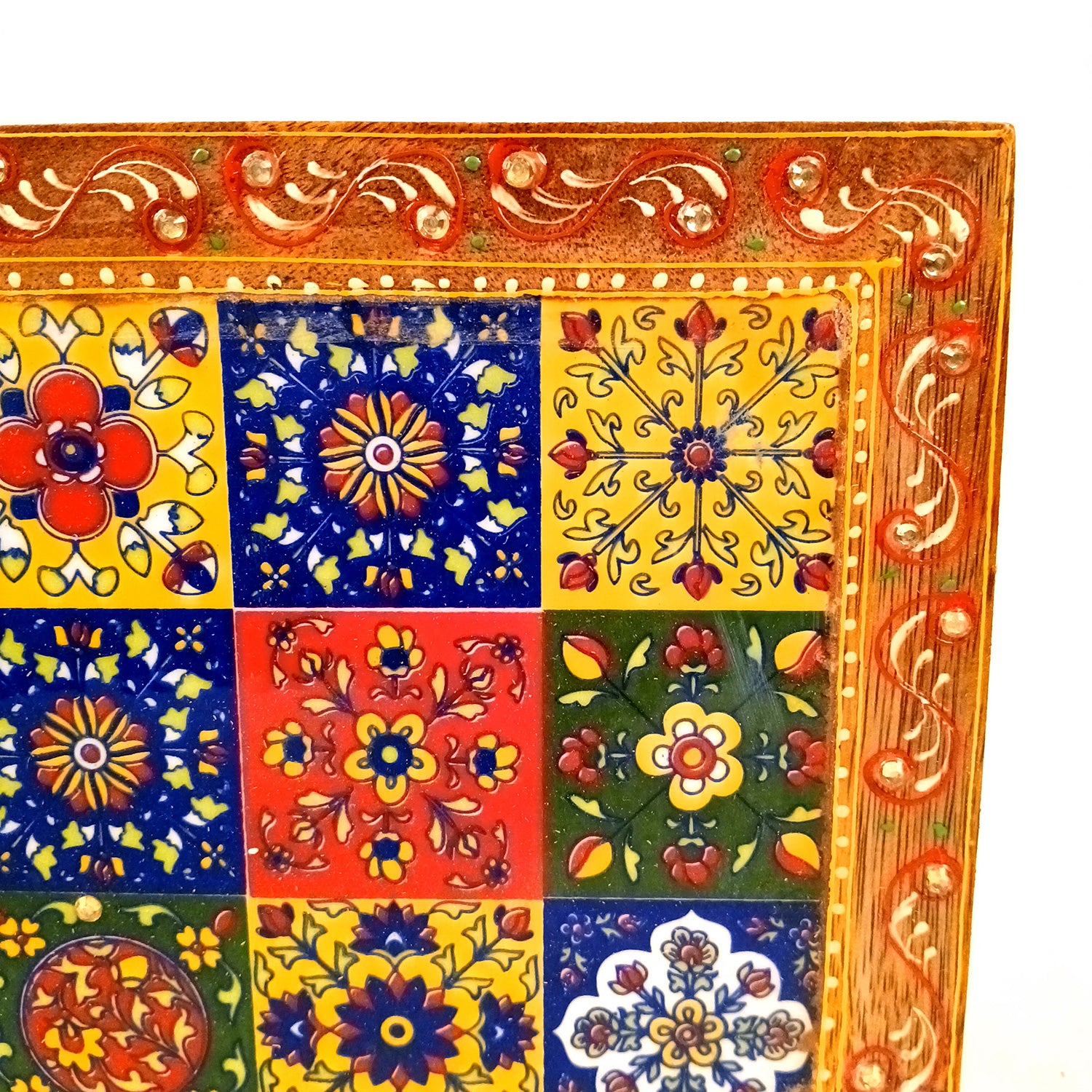 Wooden Puja Chowki Bajot with Ceramic Tile Top | Patla for Sitting - for Pooja, Weddings, Home Decor, Corner Decor & Festivals - 10 Inch - Apkamart #Size_12 Inch