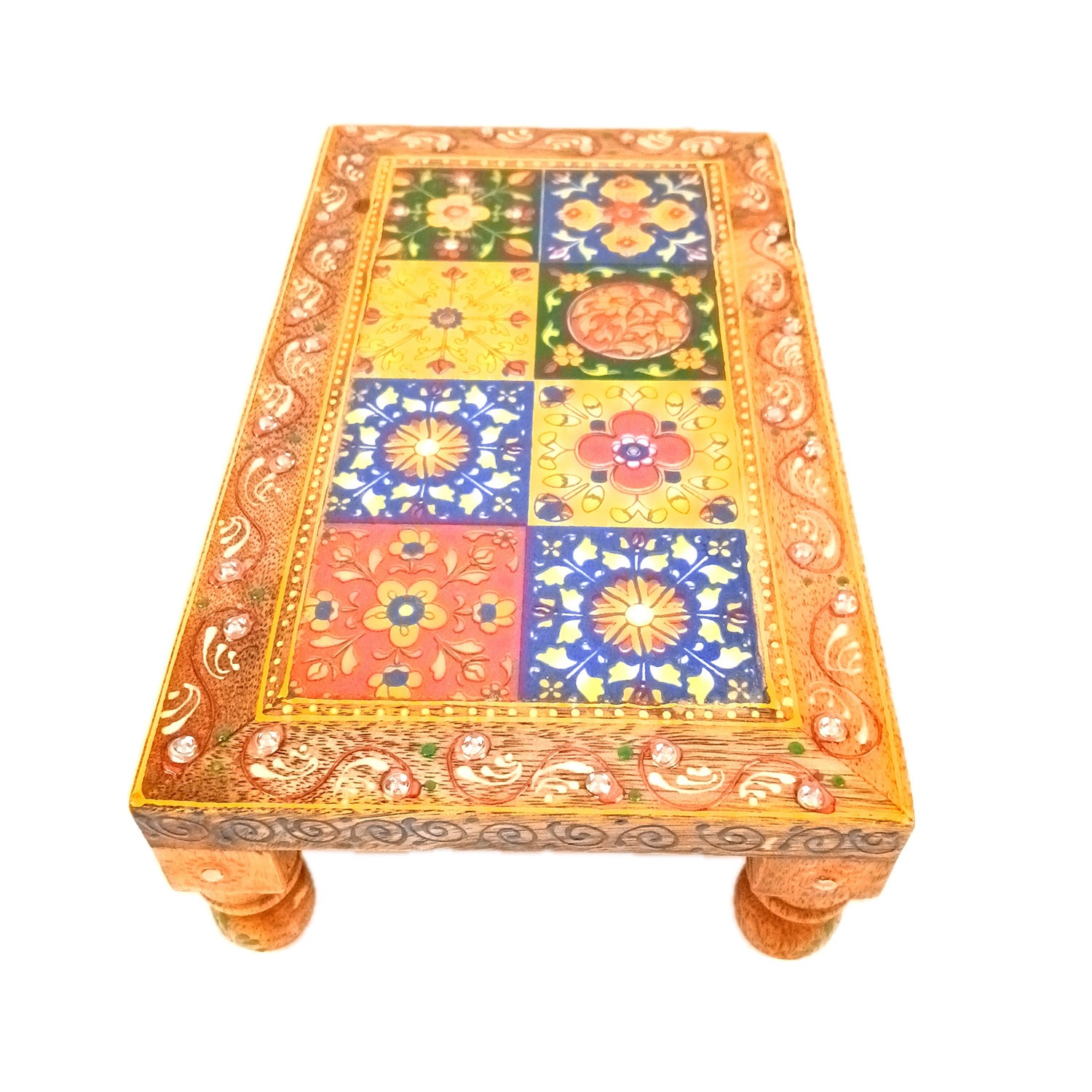 Wooden Puja Chowki Bajot with Ceramic Tile Top | Patla for Sitting - for Pooja, Weddings, Home Decor, Corner Decor & Festivals - 10 Inch - Apkamart #Size_10 Inch