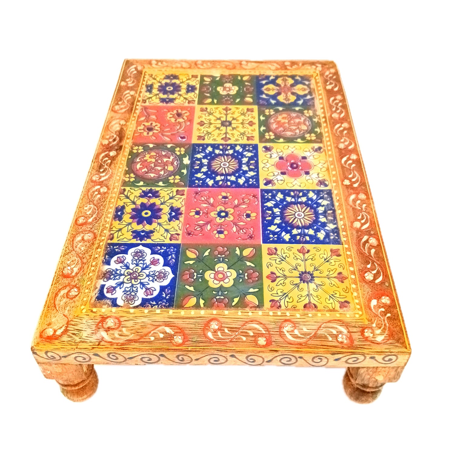 Wooden Puja Chowki Bajot with Ceramic Tile Top | Patla for Sitting - for Pooja, Weddings, Home Decor, Corner Decor & Festivals - 10 Inch - Apkamart #Size_12 Inch