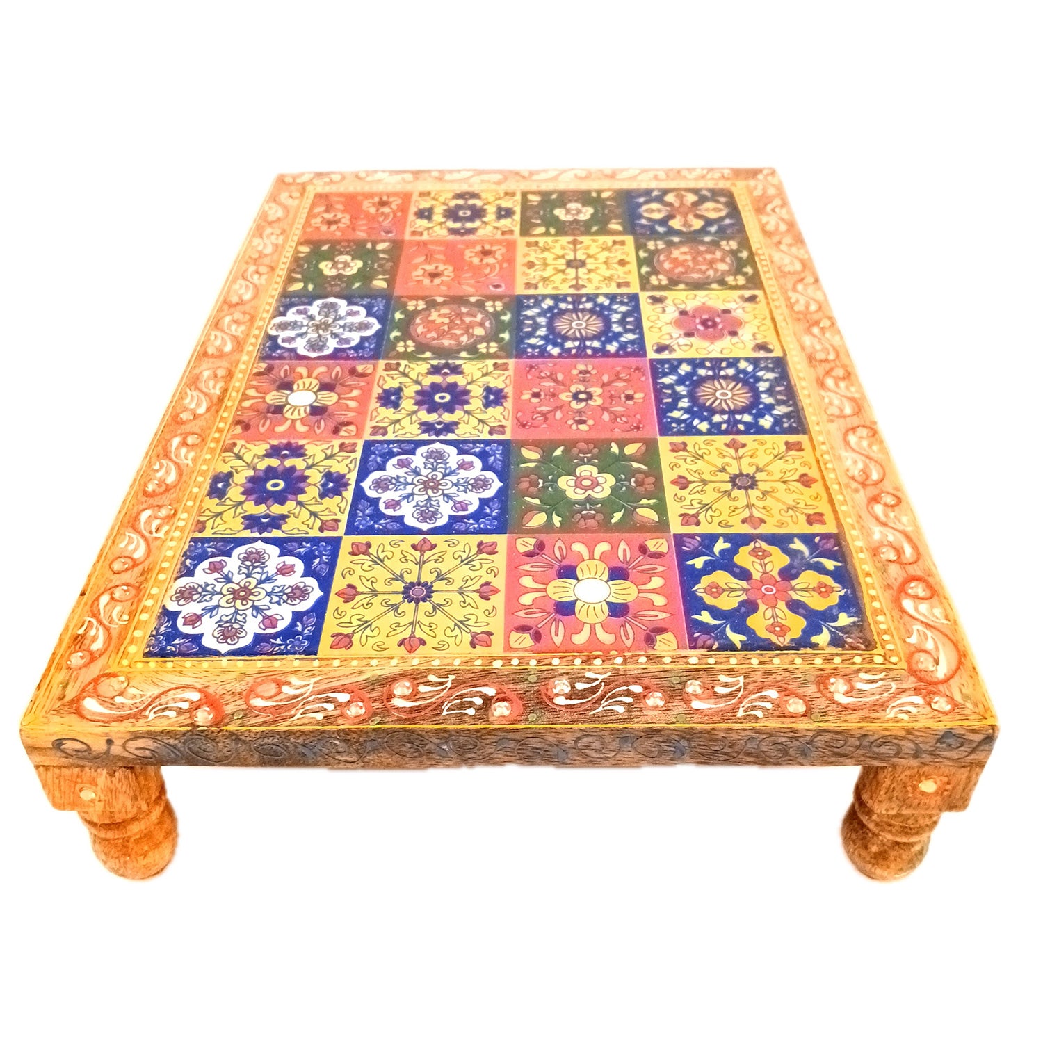 Wooden Puja Chowki Bajot with Ceramic Tile Top | Patla for Sitting - for Pooja, Weddings, Home Decor, Corner Decor & Festivals - 10 Inch - Apkamart #Size_14 Inch