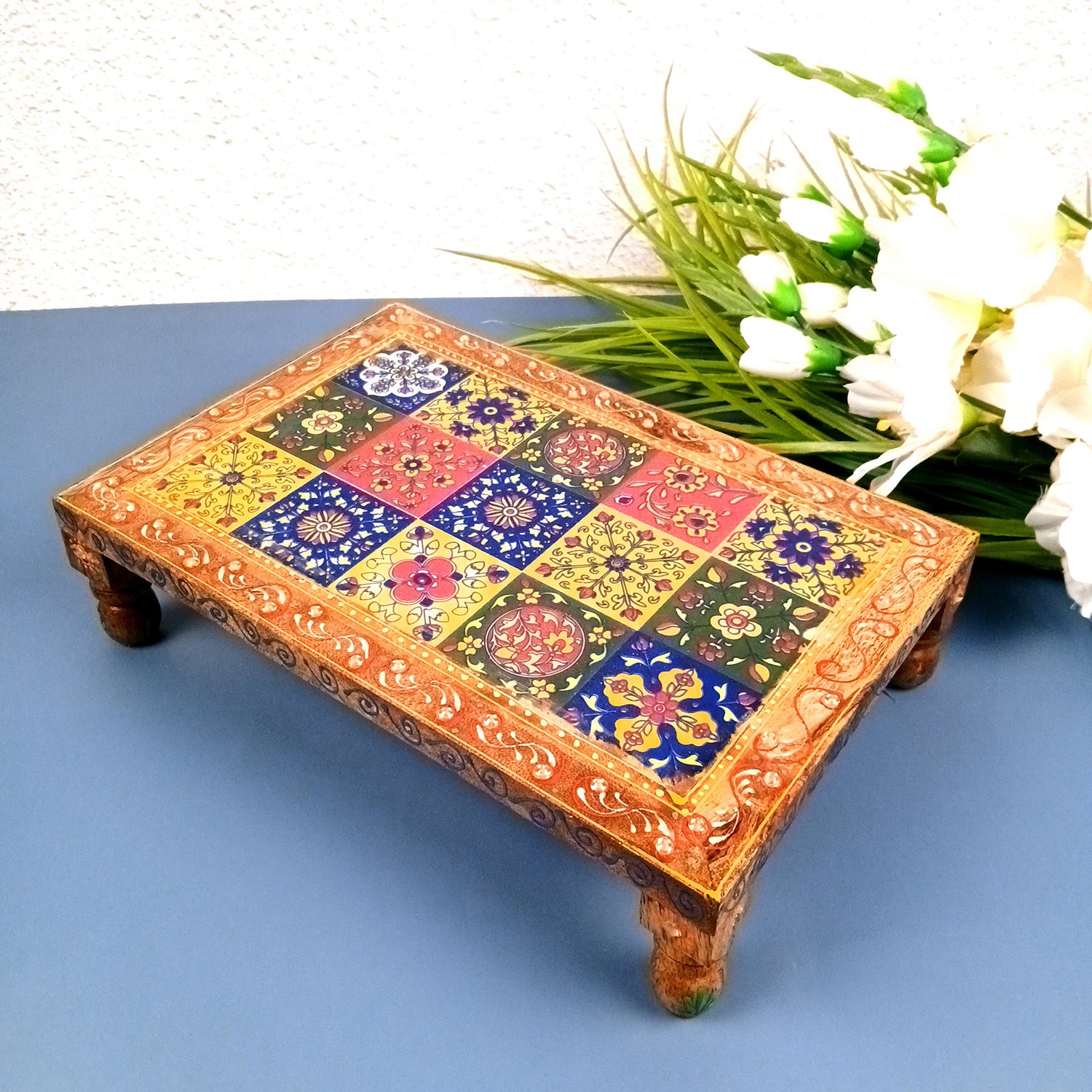 Wooden Puja Chowki Bajot with Ceramic Tile Top | Patla for Sitting - for Pooja, Weddings, Home Decor, Corner Decor & Festivals - 10 Inch - Apkamart #Size_12 Inch