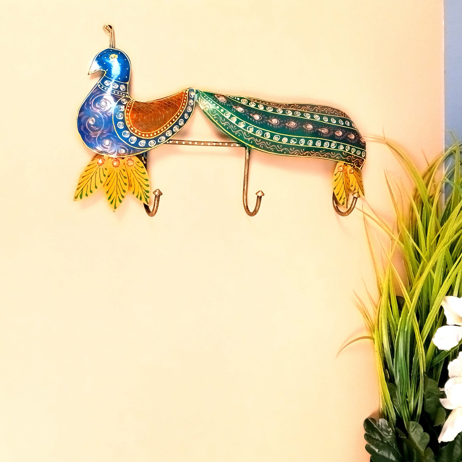 Peacock Key Holder Wall Hanging | Key Hook Stand | Keys Organizer - for Home, Entrance, Office Decor & Gifts - 14 Inch - Apkamart