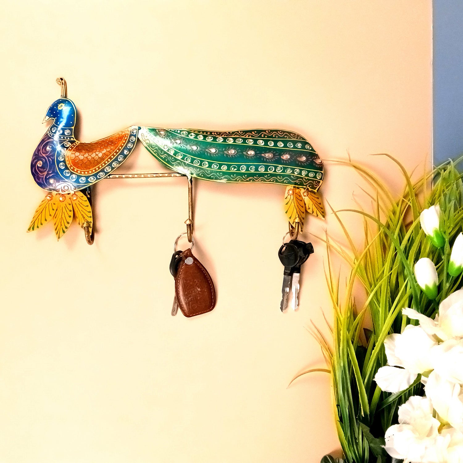 Peacock Key Holder Wall Hanging | Key Hook Stand | Keys Organizer - for Home, Entrance, Office Decor & Gifts - 14 Inch - Apkamart