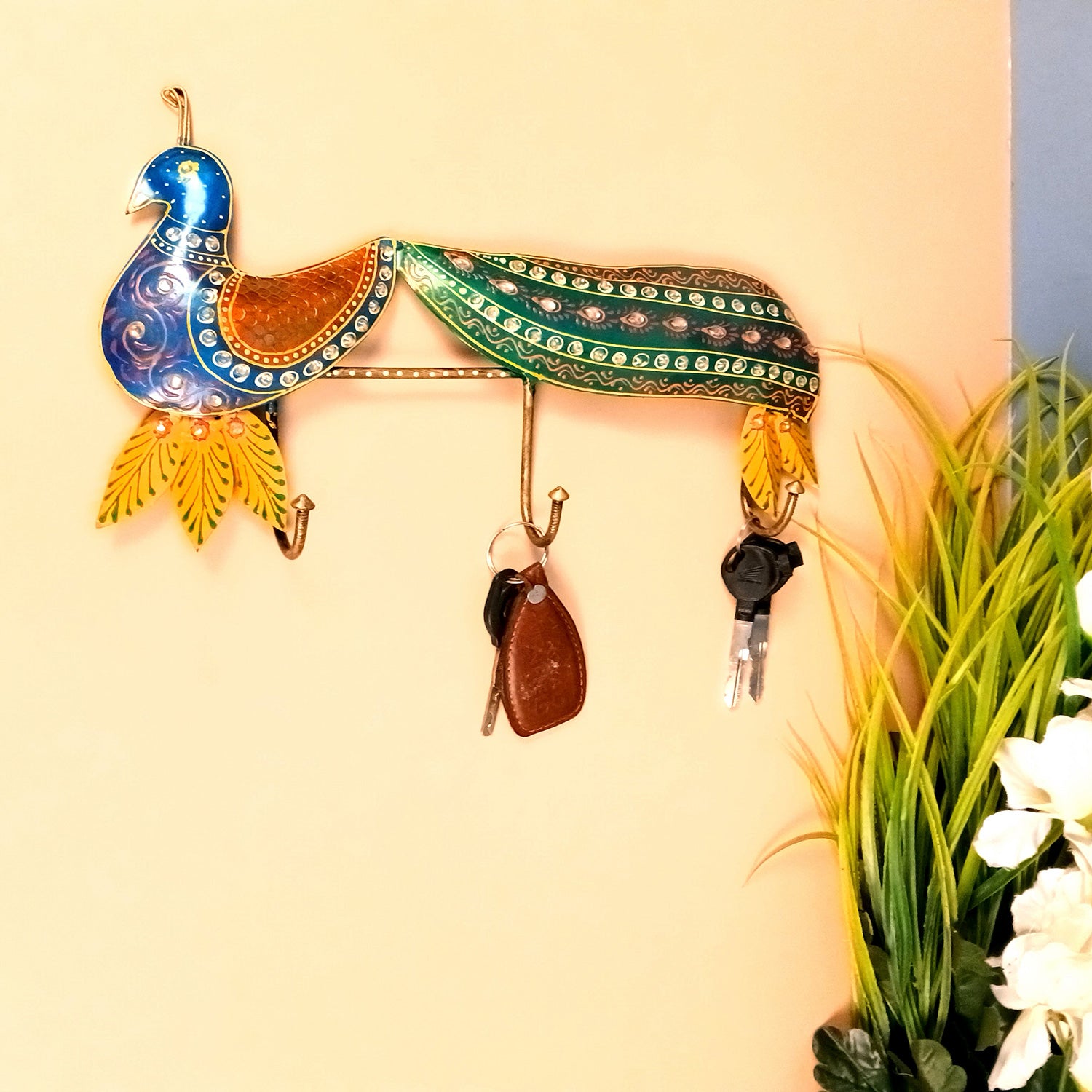 Peacock Key Holder Wall Hanging | Key Hook Stand | Keys Organizer - for Home, Entrance, Office Decor & Gifts - 14 Inch - Apkamart