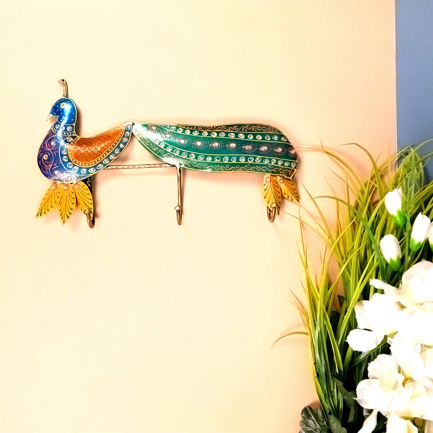 Peacock Key Holder Wall Hanging | Key Hook Stand | Keys Organizer - for Home, Entrance, Office Decor & Gifts - 14 Inch - Apkamart