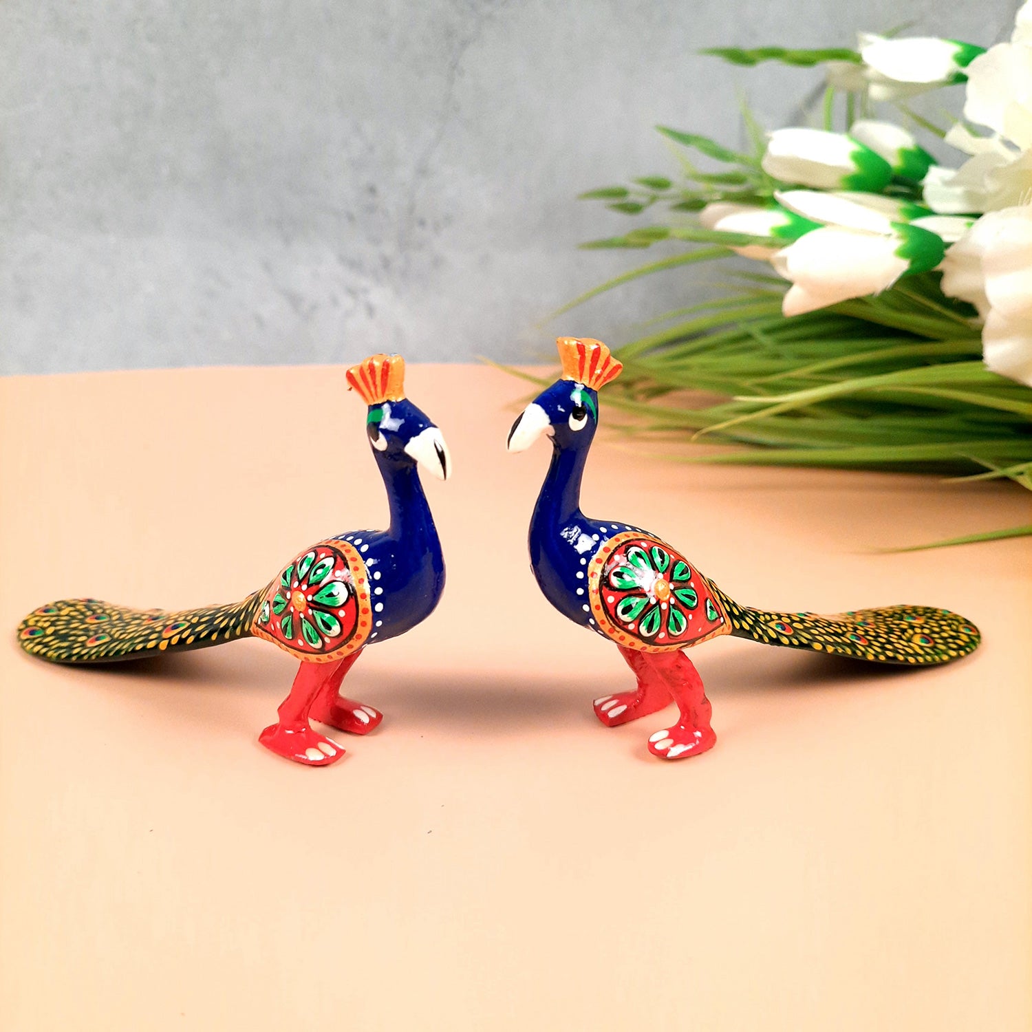 Peacock Showpiece Set | Handcrafted Peacock Figurine | Animal Figurines - for Home, Table, Shelf, Living Room Decor, Gifts - 3 Inch (Pack of 2) - apkamart