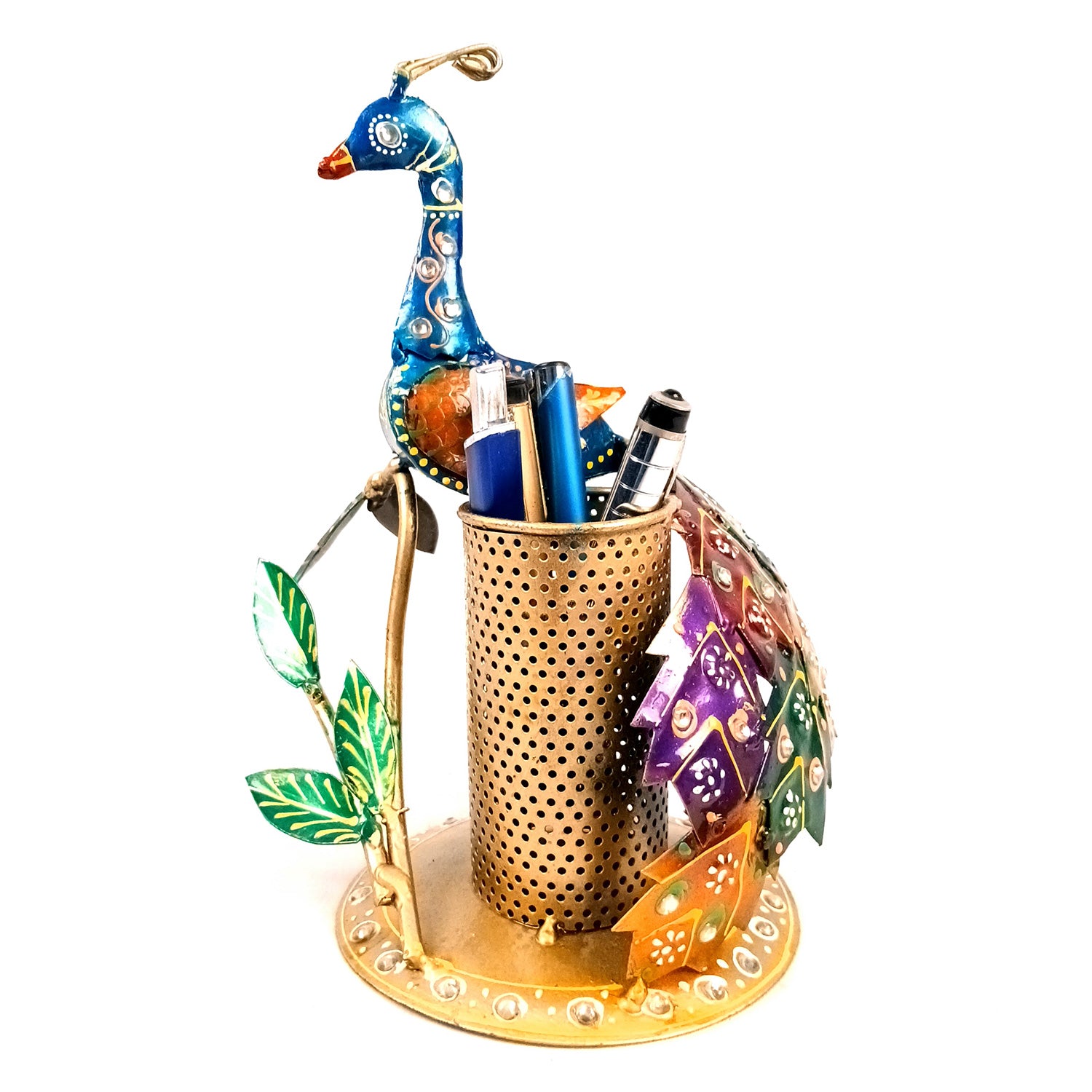 Peacock Pen Holder With Vibrant Color Feathers | Desk Organizer | Multipurpose Stand - For Gifts, Table, Desk Organizing, Home, Office Decor & Corporate Gifts - Apkamart